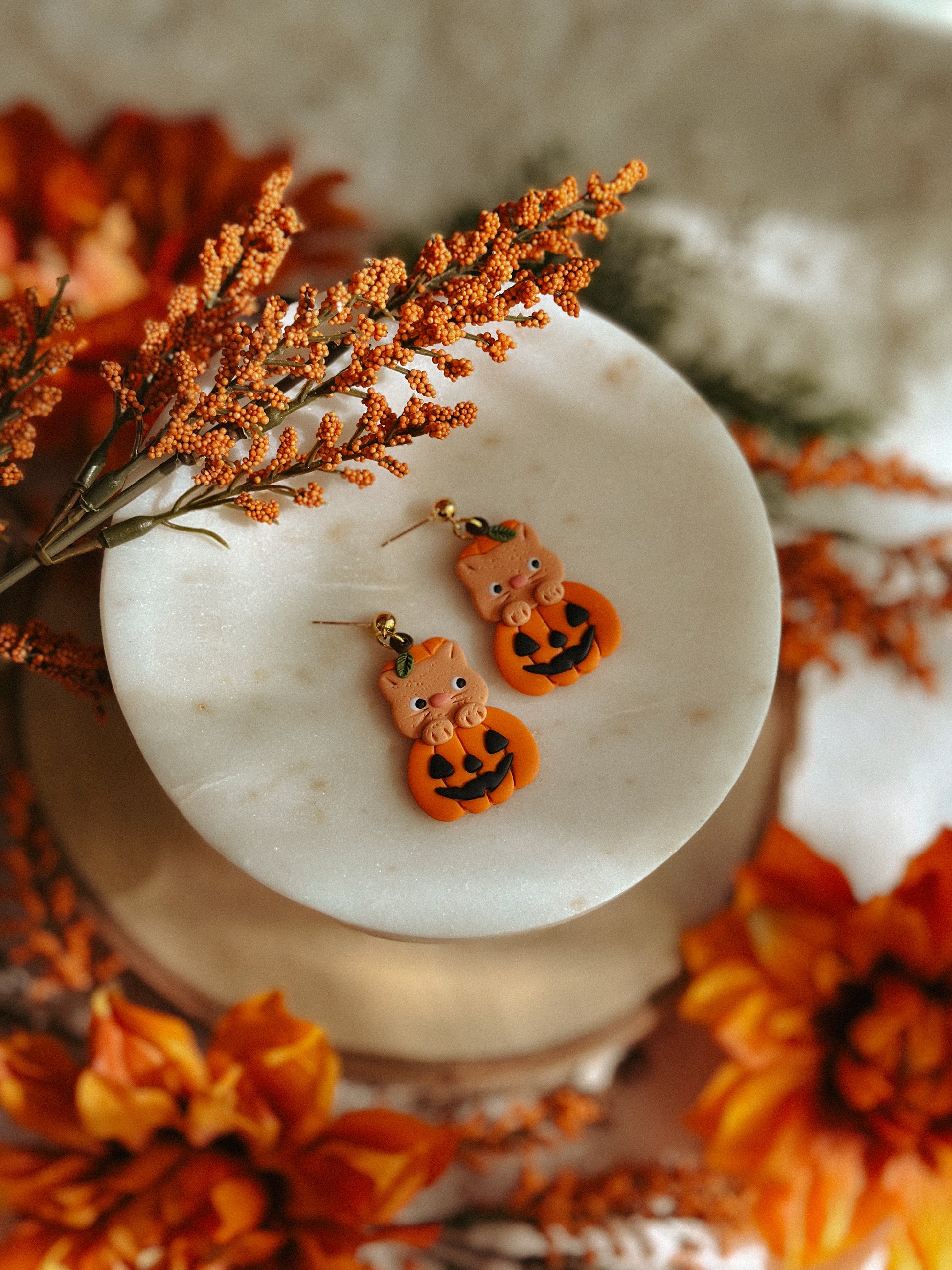 Pumpkin Kitty Drop Dangle polymer clay earrings ginger kitty pumpkin design
