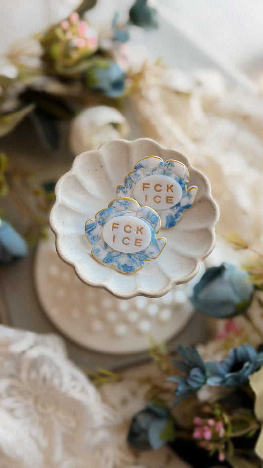 Chinoiserie FCK ICE Floral Brooch- Handmade Polymer Clay Statement Pin