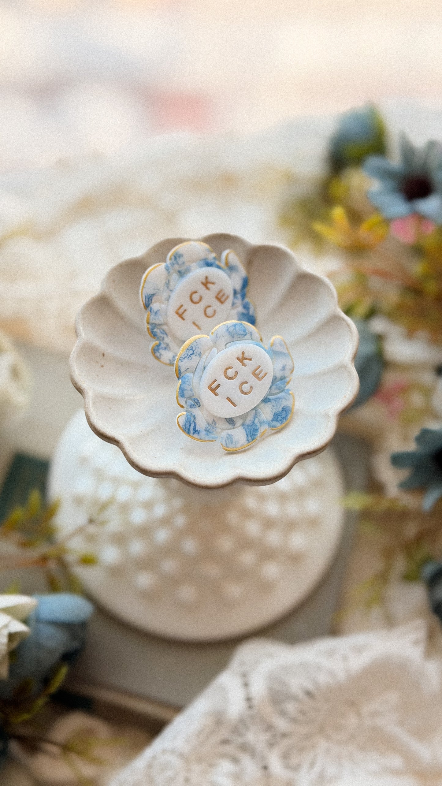 Chinoiserie FCK ICE Floral Brooch- Handmade Polymer Clay Statement Pin