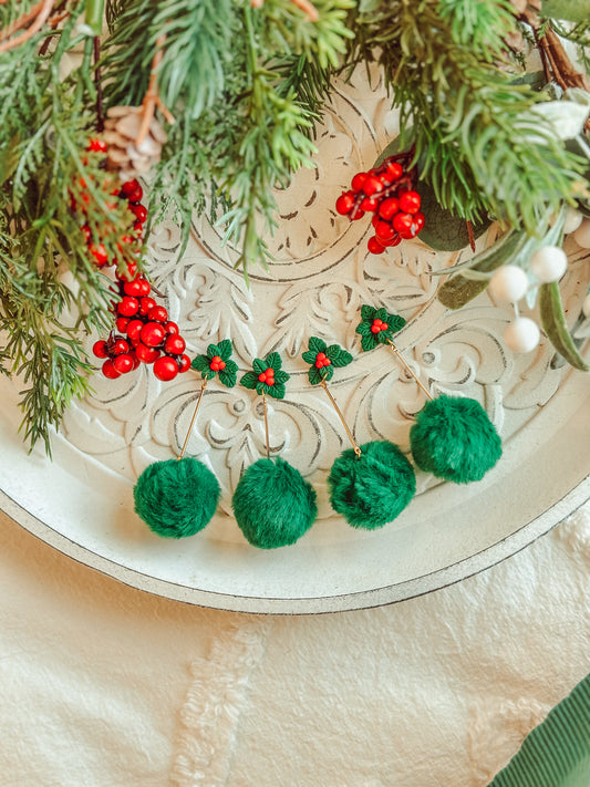 Holly Sprig Green Pom Drops