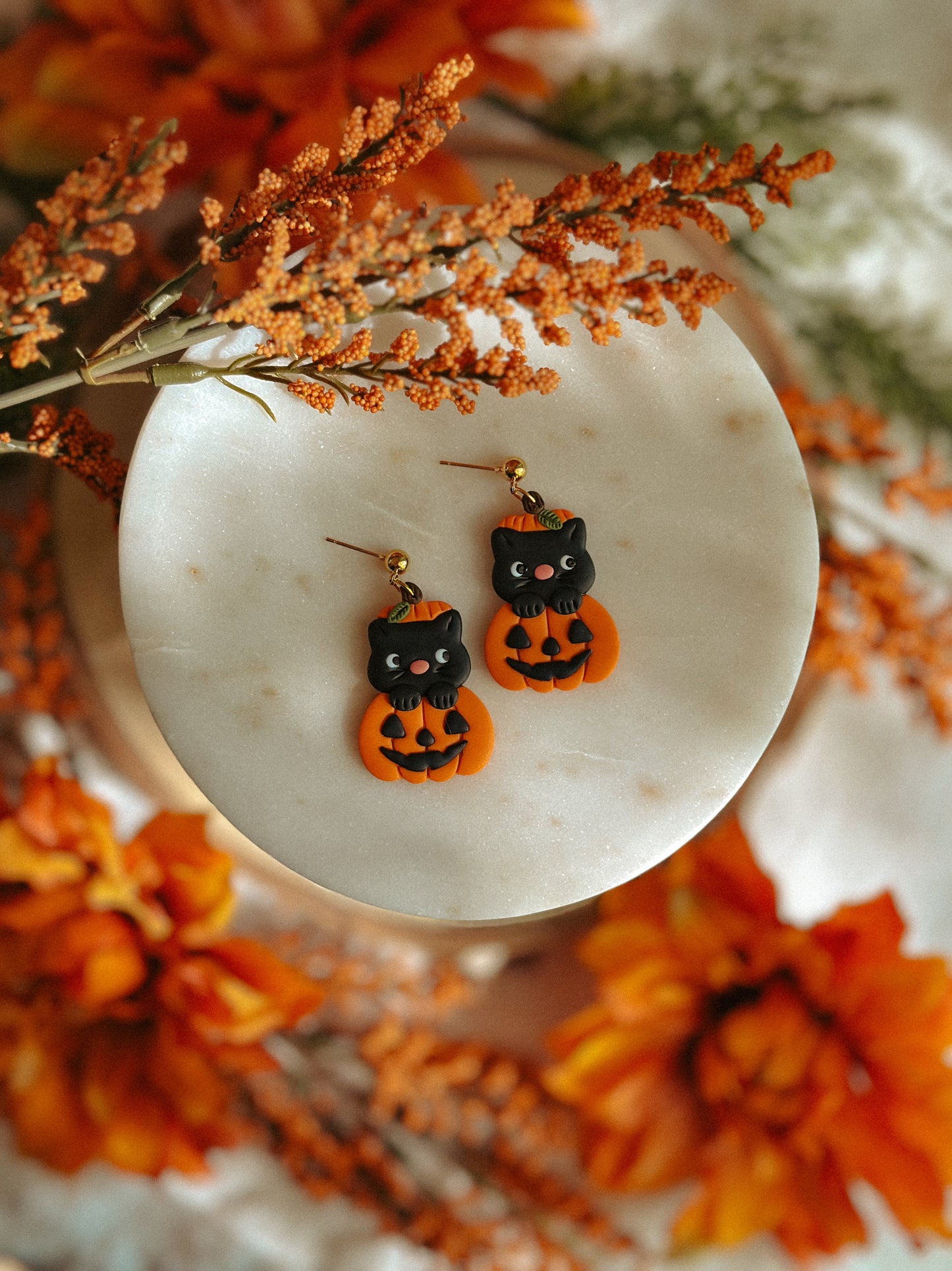 Pumpkin Kitty Drop Dangle polymer clay earrings black kitty pumpkin design