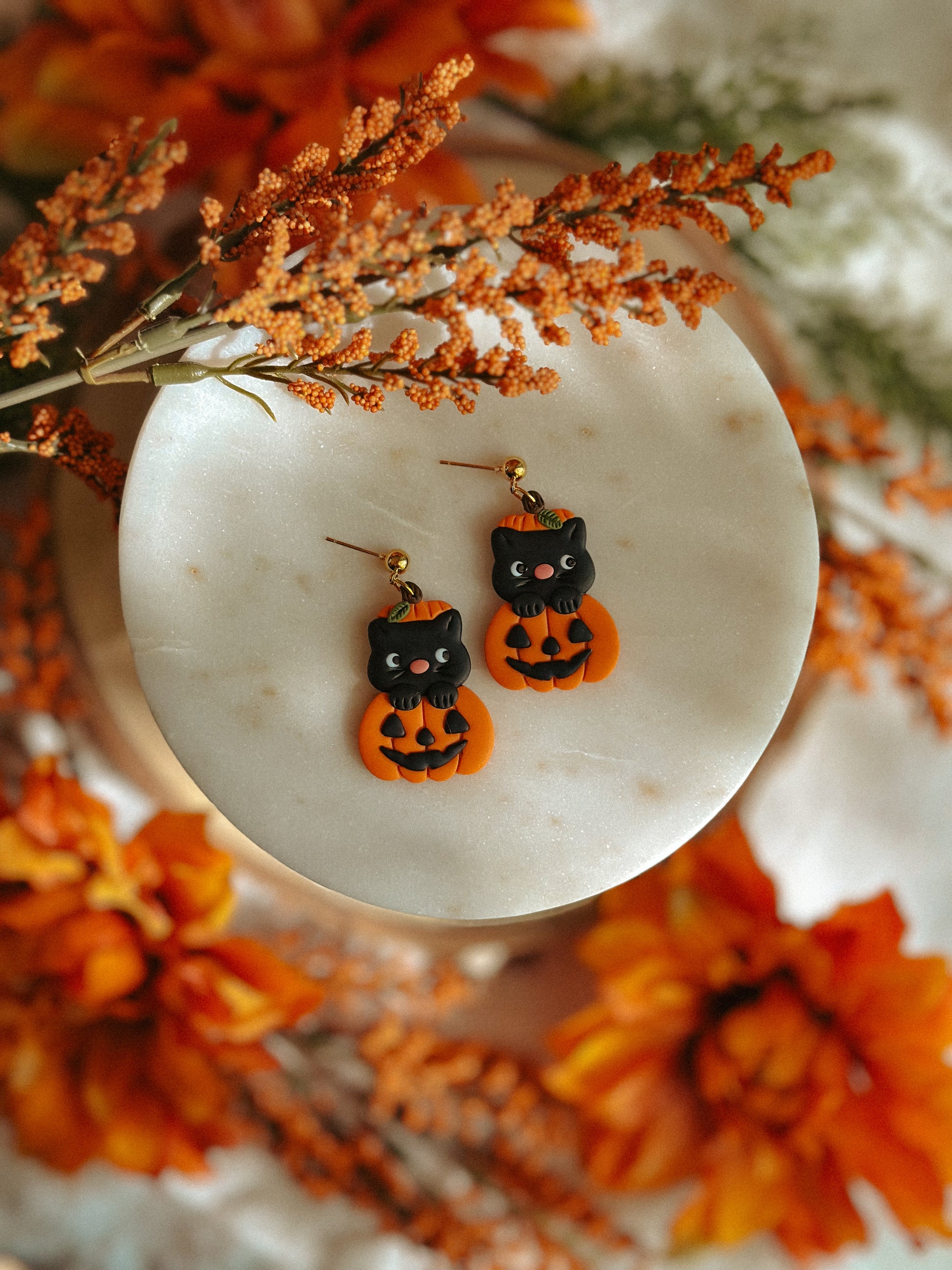Pumpkin Kitty Drop Dangle polymer clay earrings black kitty pumpkin design