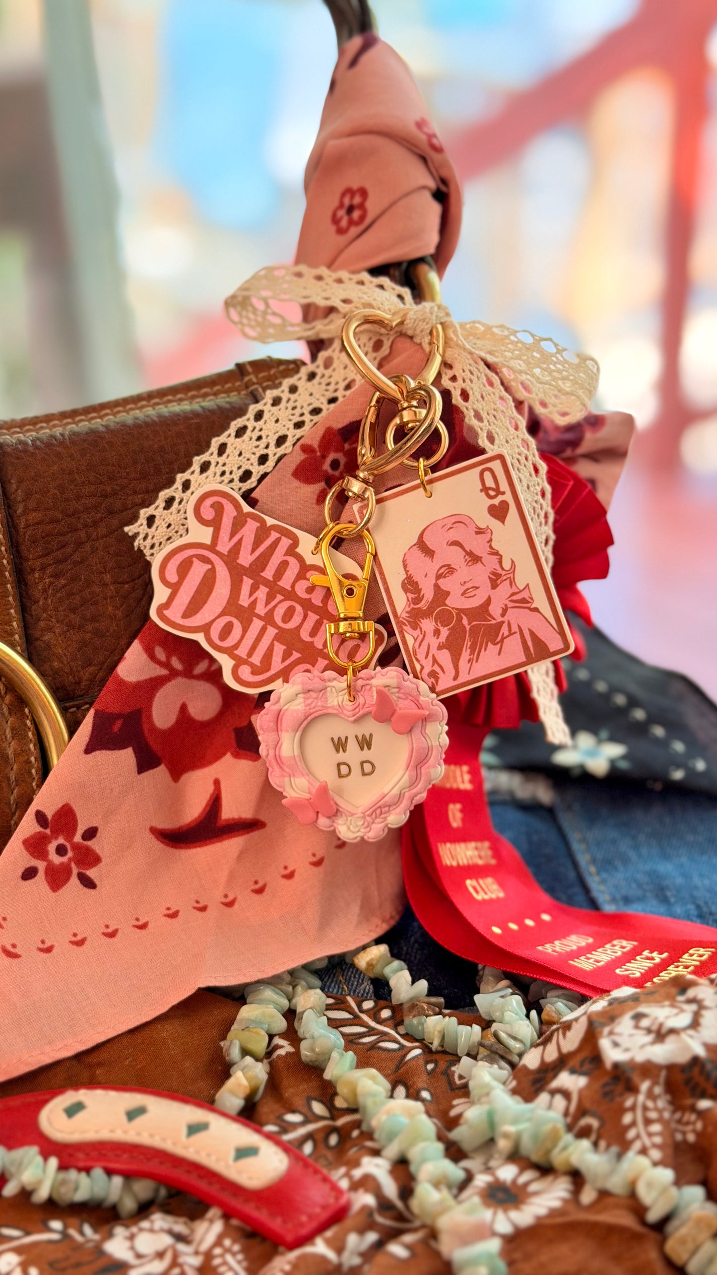 WWDD “What Would Dolly Do?” Pink Gingham Heart Bag Charm / Keychain with Butterflies