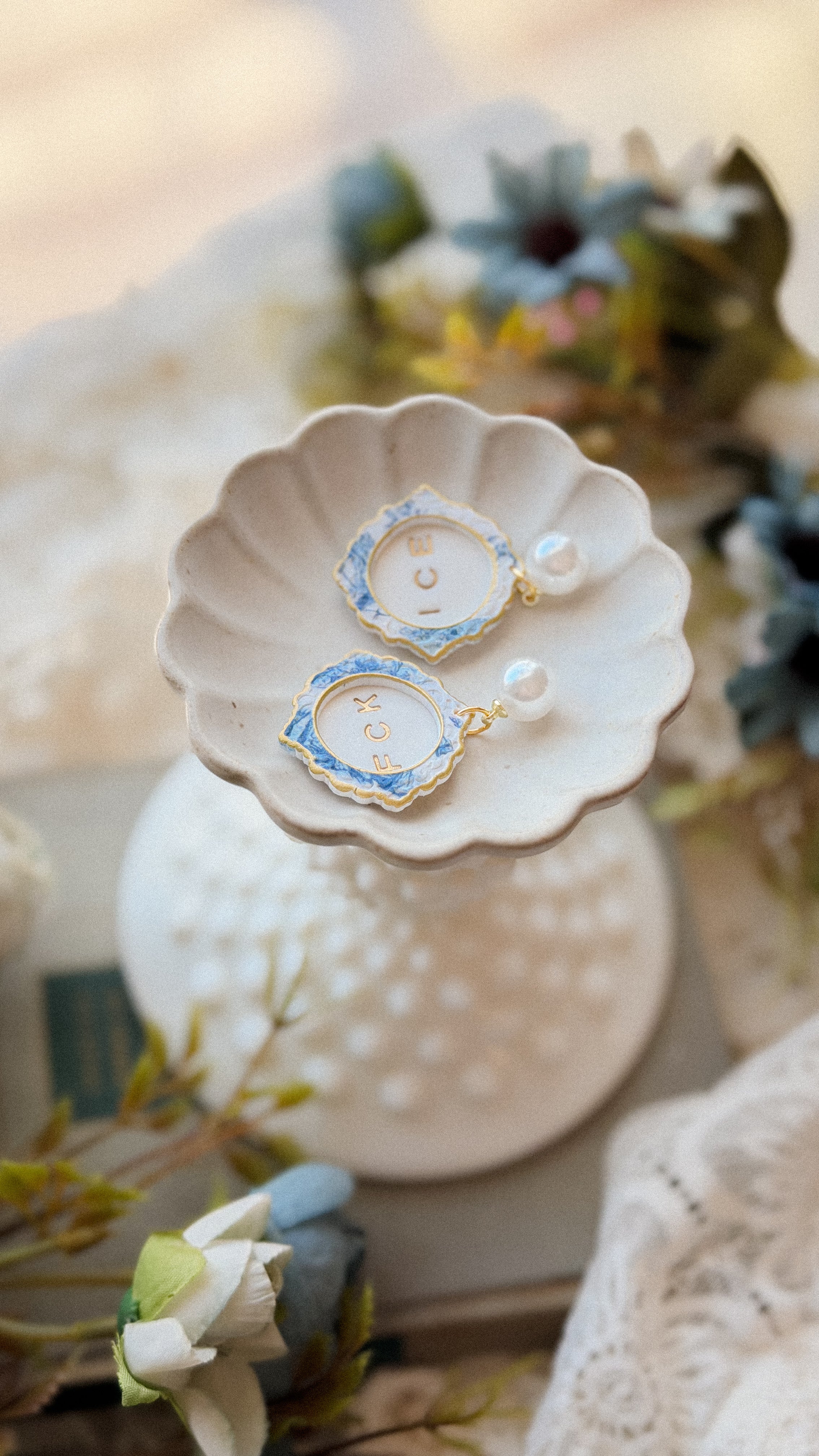 FCK ICE Chinoiserie Frame Pearl Stud Earrings- Handmade Polymer