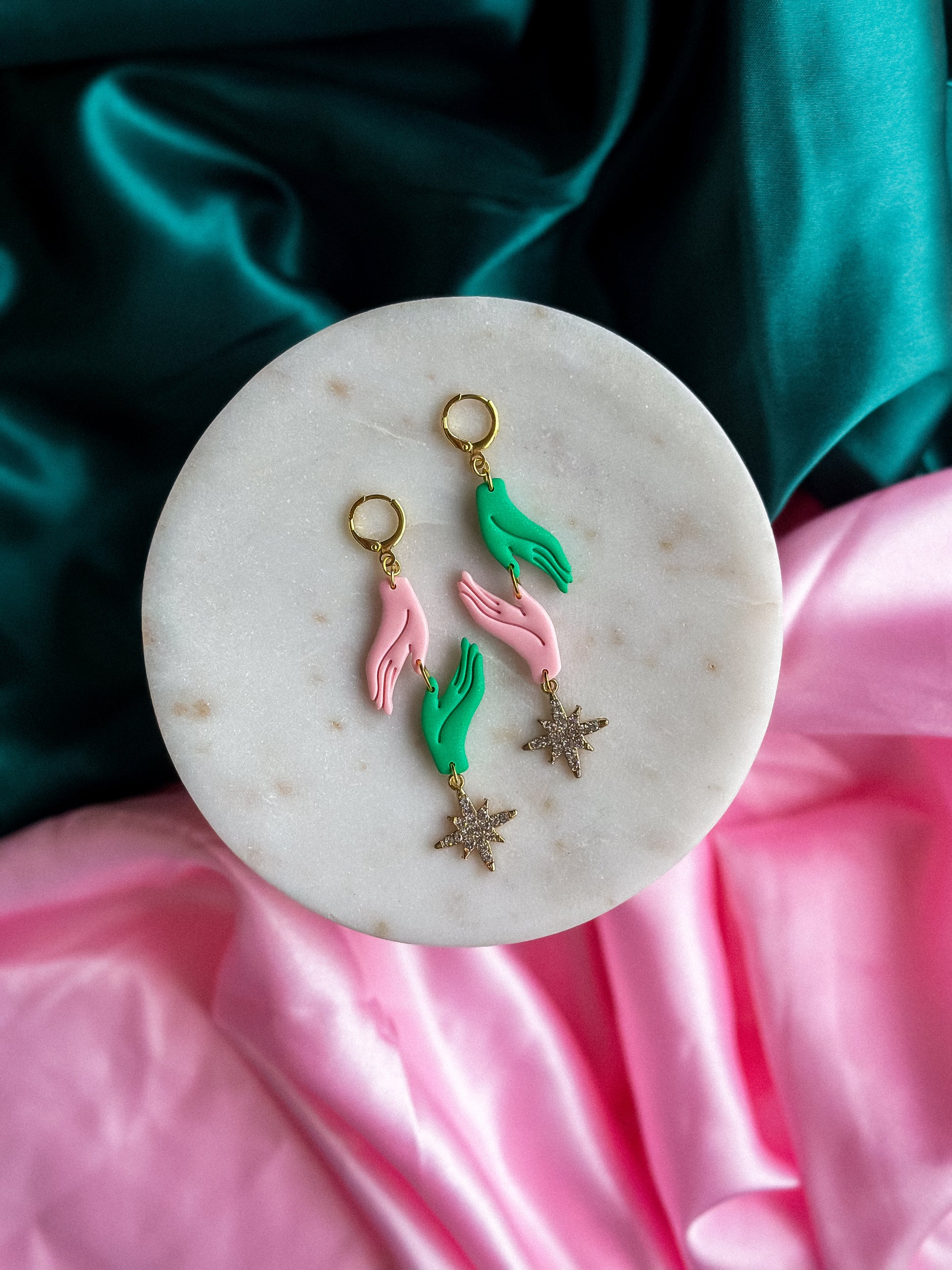 Holding Space Earrings Glinda and Elphaba Wicked earrings pink and green handmade polymer clay dangle earrings Wicked inspired earrings