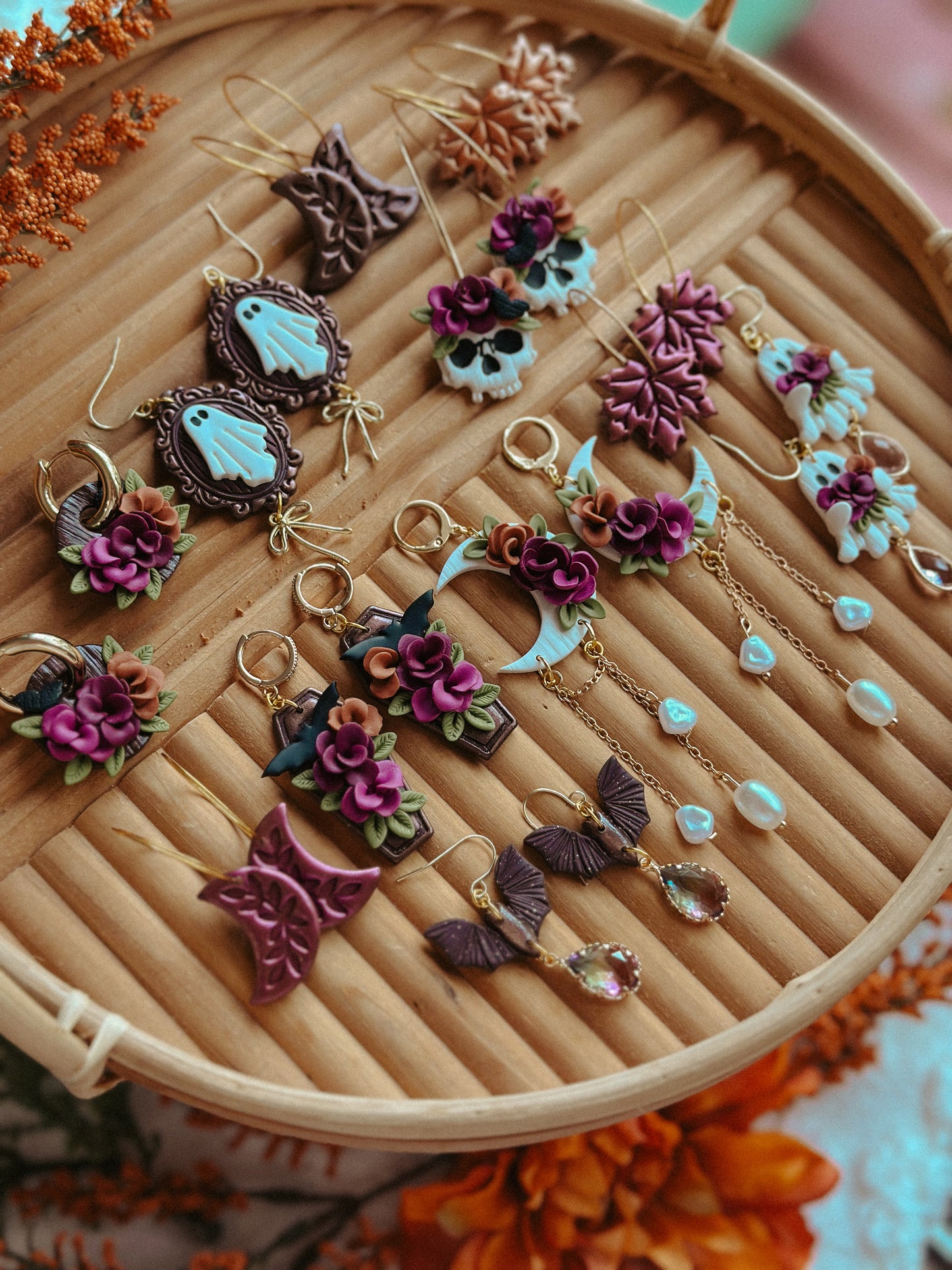 Mulberry shimmer crescent moon hoop polymer clay earrings