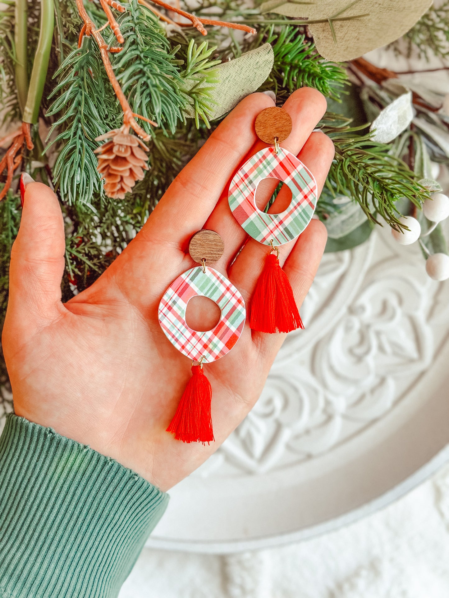 Red Plaid Wood Top Tassel Dangles