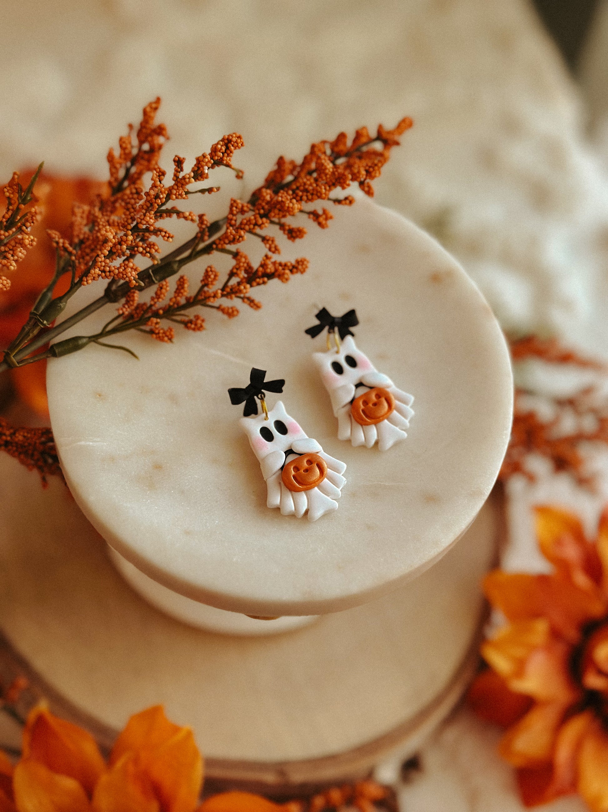 Kitty Trick or Treat Ghosts polymer clay earrings with ghost kitty faces for Halloween