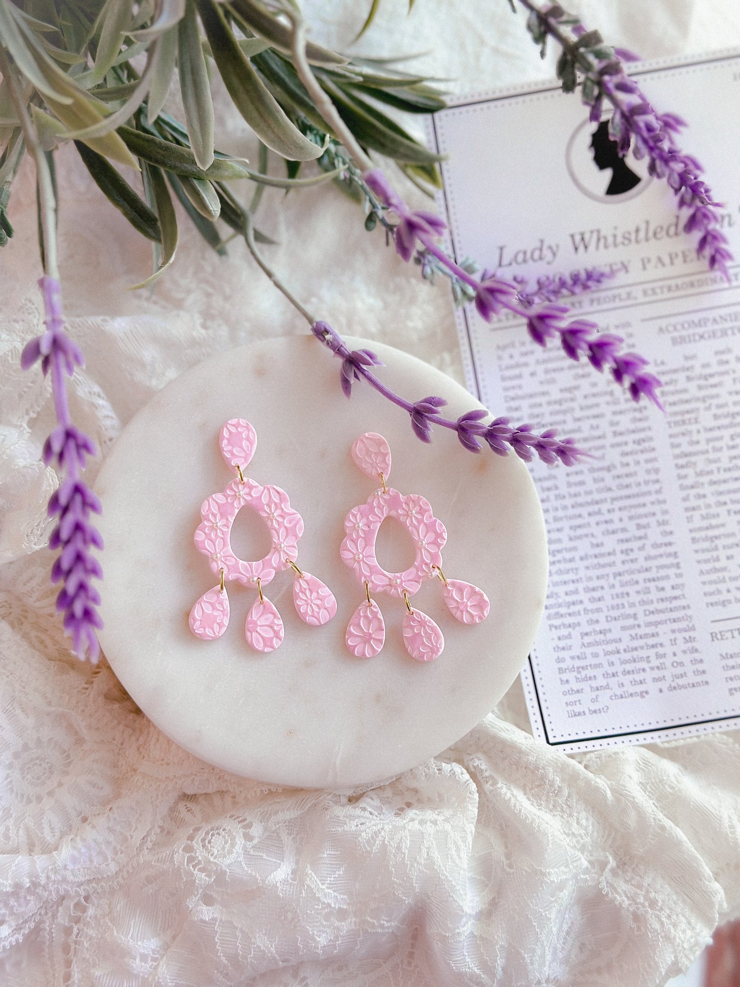 Pink Shimmer Pearl Daisy Lace Cutout Dangles