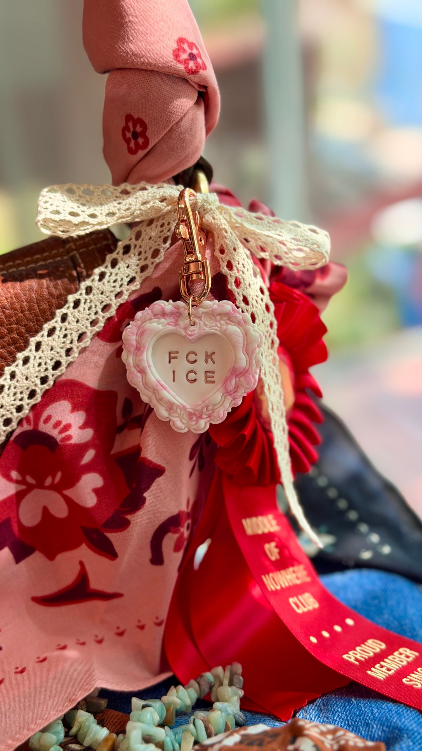 FCK ICE PINK Chinoiserie Heart Keychain in ROSE GOLD- Handmade Polymer Clay Bag Charm- LIMITED EDITION