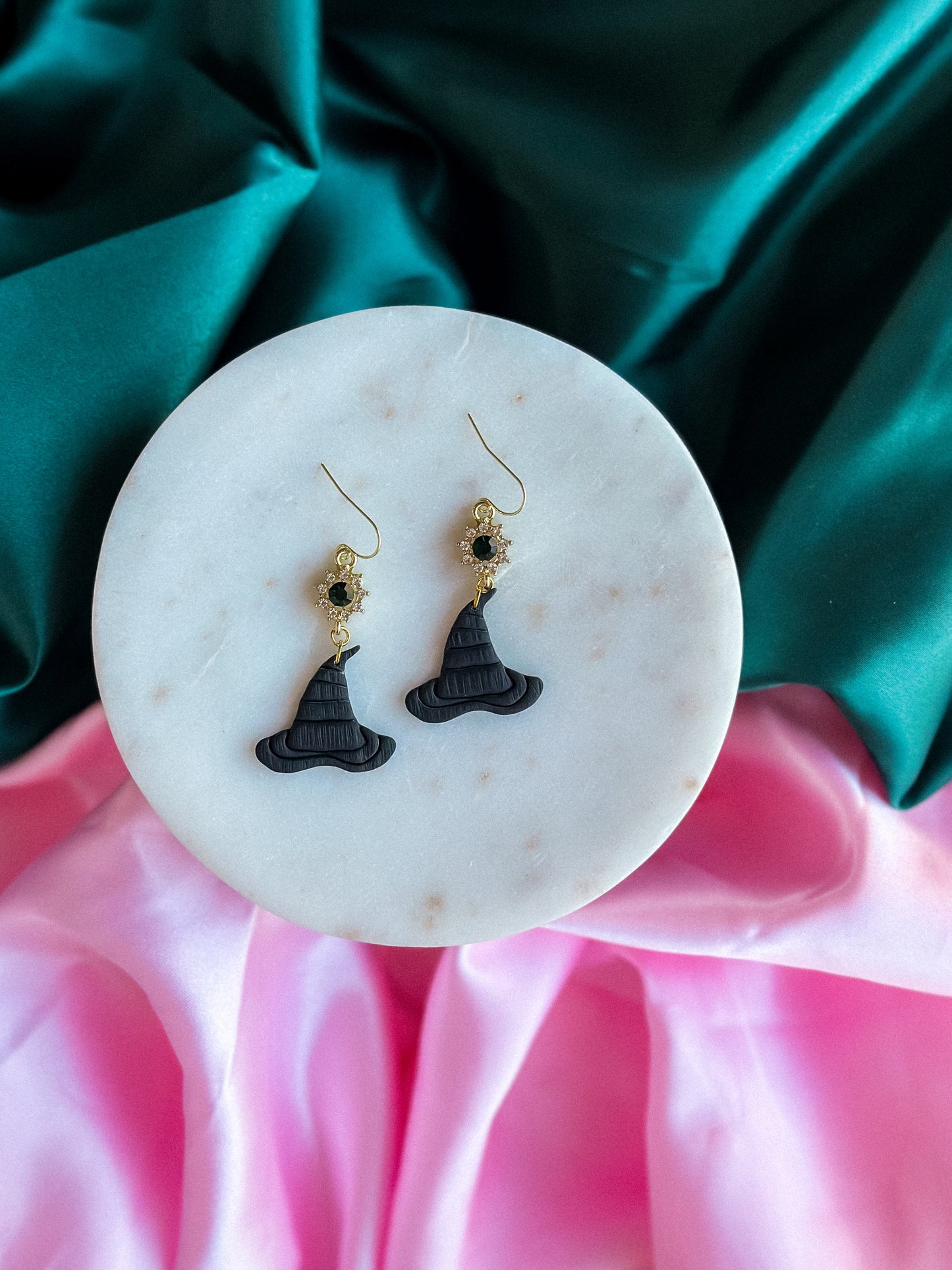 Elphaba hat crystal dangle earrings handmade polymer clay earrings Wicked earrings