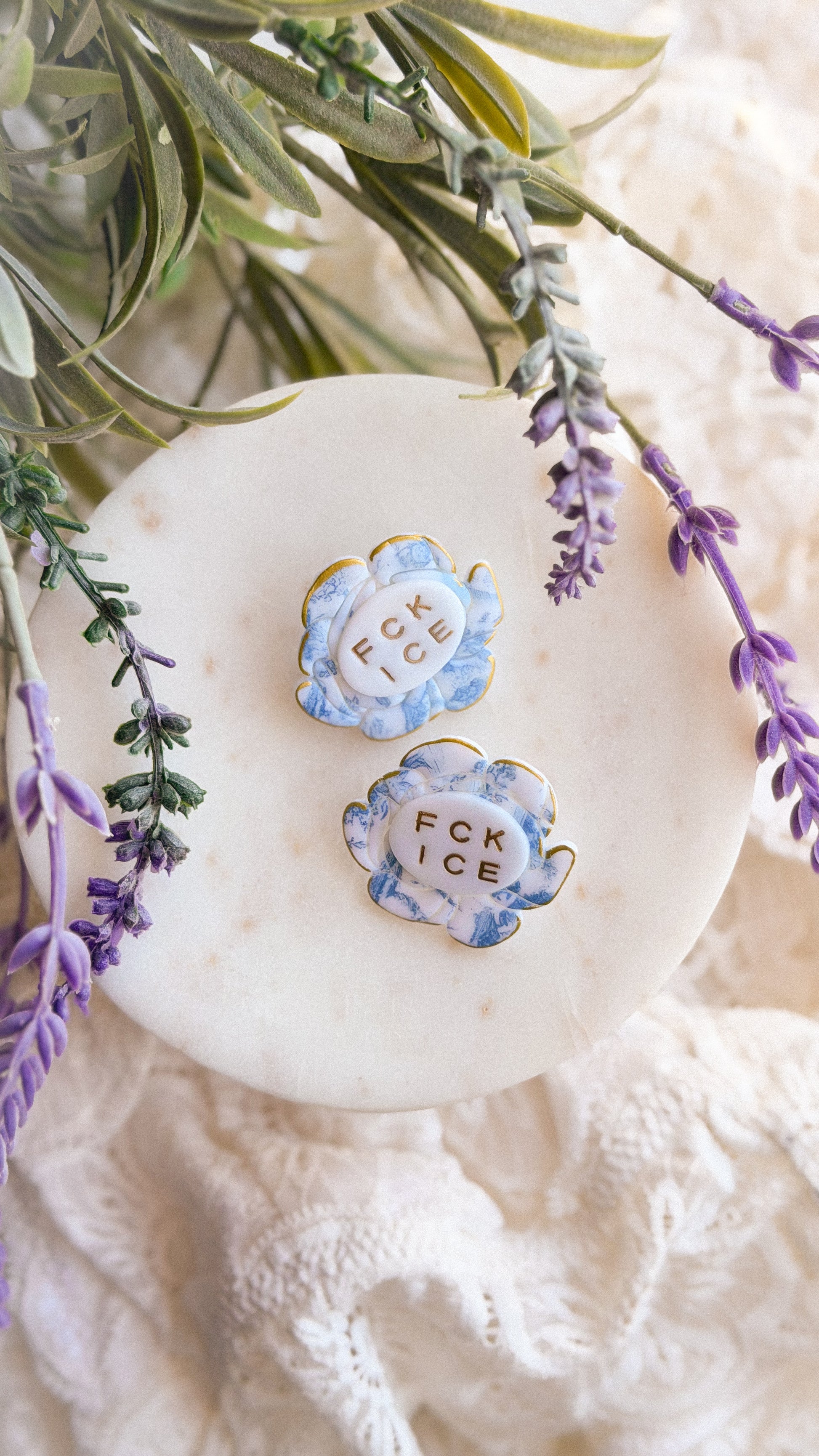 Chinoiserie FCK ICE Floral Brooch handmade polymer clay pin with layered floral detail on white background — stylish lapel or bag pin accessory.