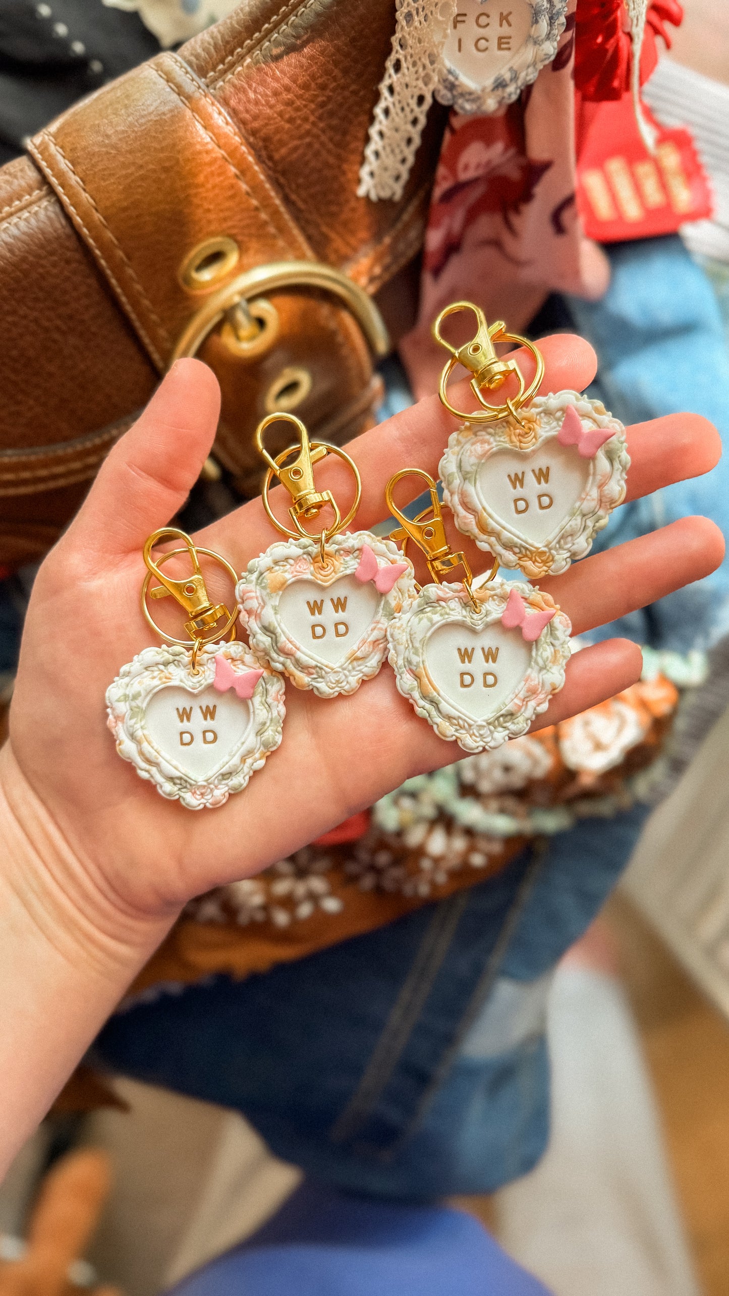 WWDD “What Would Dolly Do?” Vintage Floral Heart Bag Charm / Keychain with Butterflies- Prototype