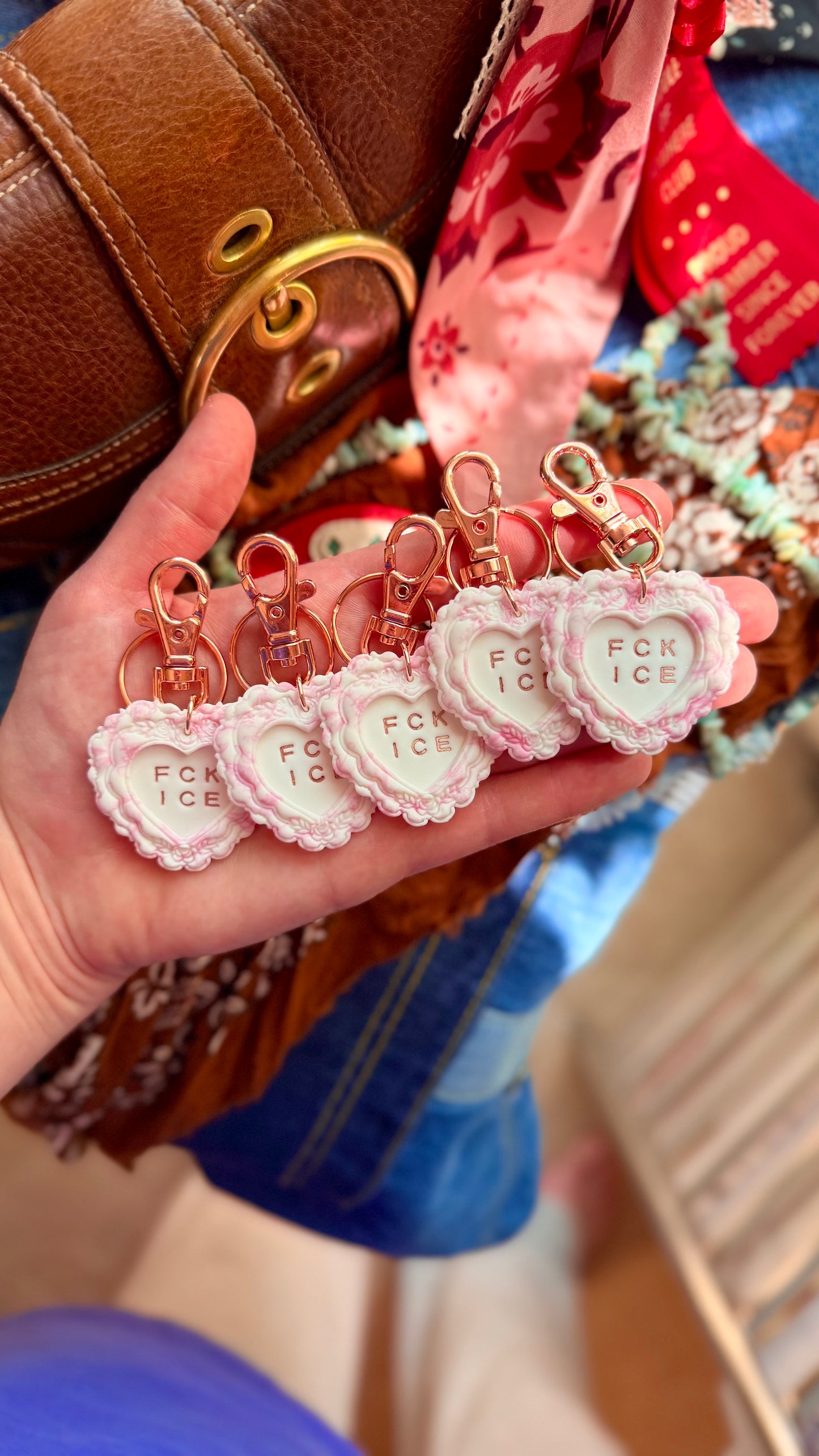 FCK ICE PINK Chinoiserie Heart Keychain in ROSE GOLD- Handmade Polymer Clay Bag Charm- LIMITED EDITION