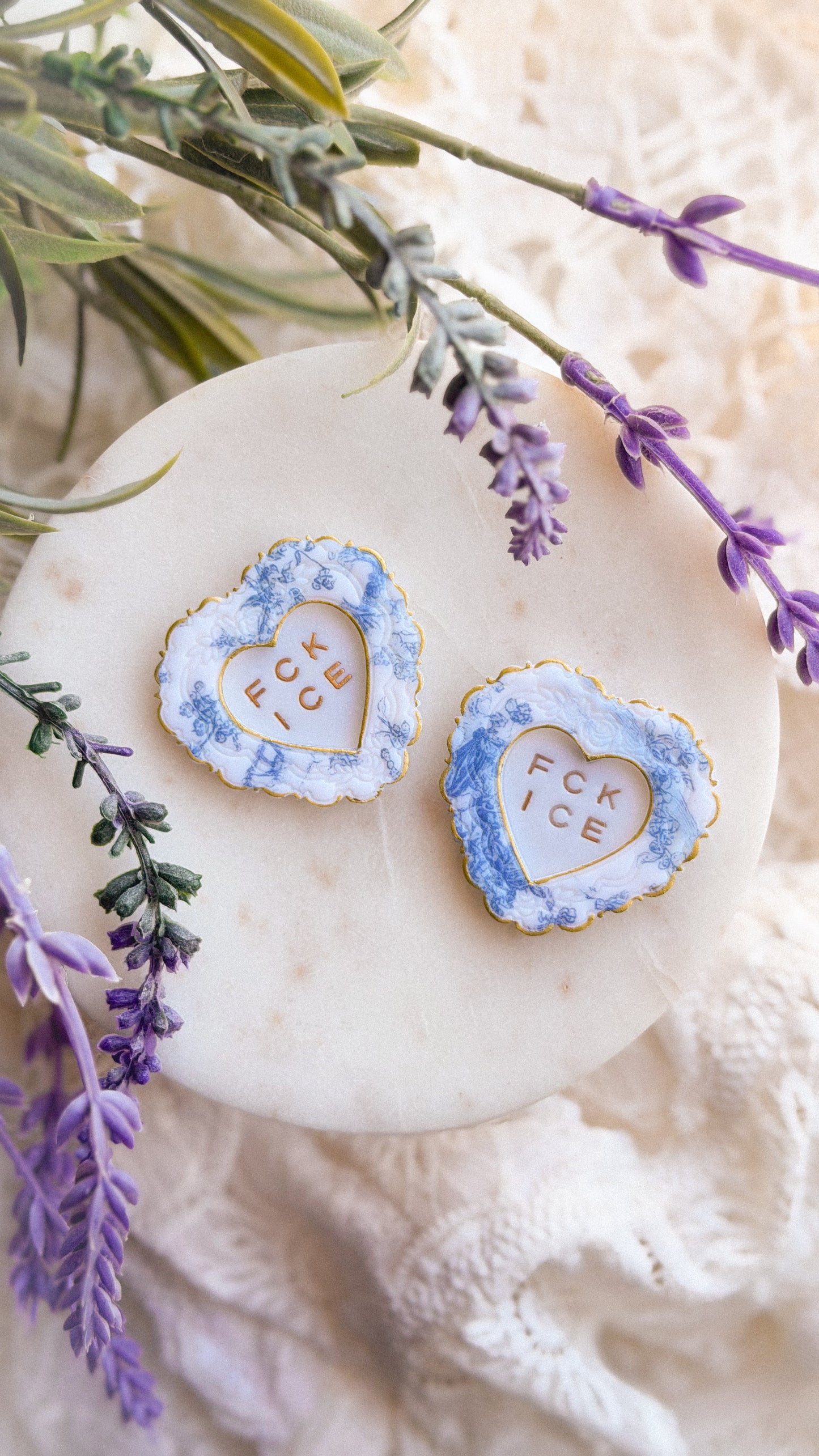 Handmade Chinoiserie FCK ICE Heart Magnet in polymer clay with bold heart artwork and magnetic backing on white background — unique decorative magnet.