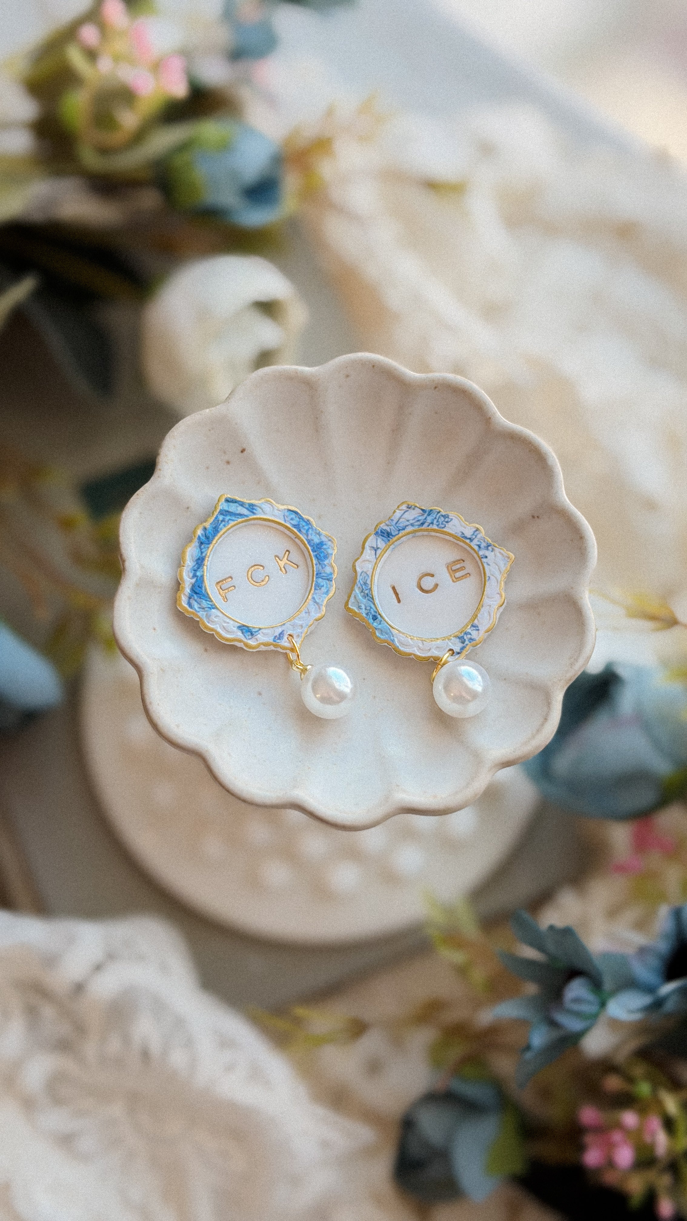 FCK ICE Chinoiserie Frame Pearl Stud Earrings- Handmade Polymer