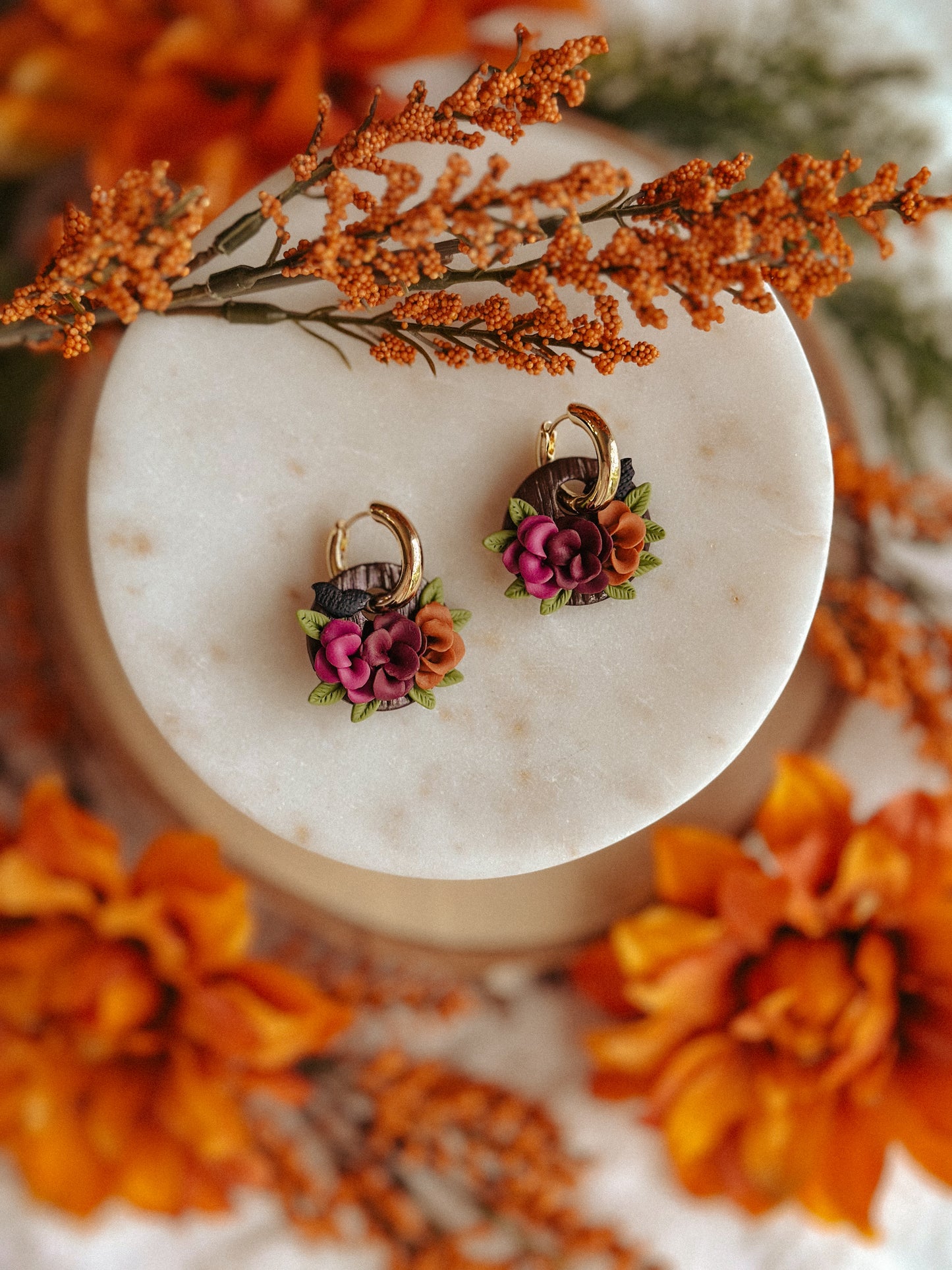 Autumn Floral Huggies – Fall Flower Polymer Clay Hoop Earrings
