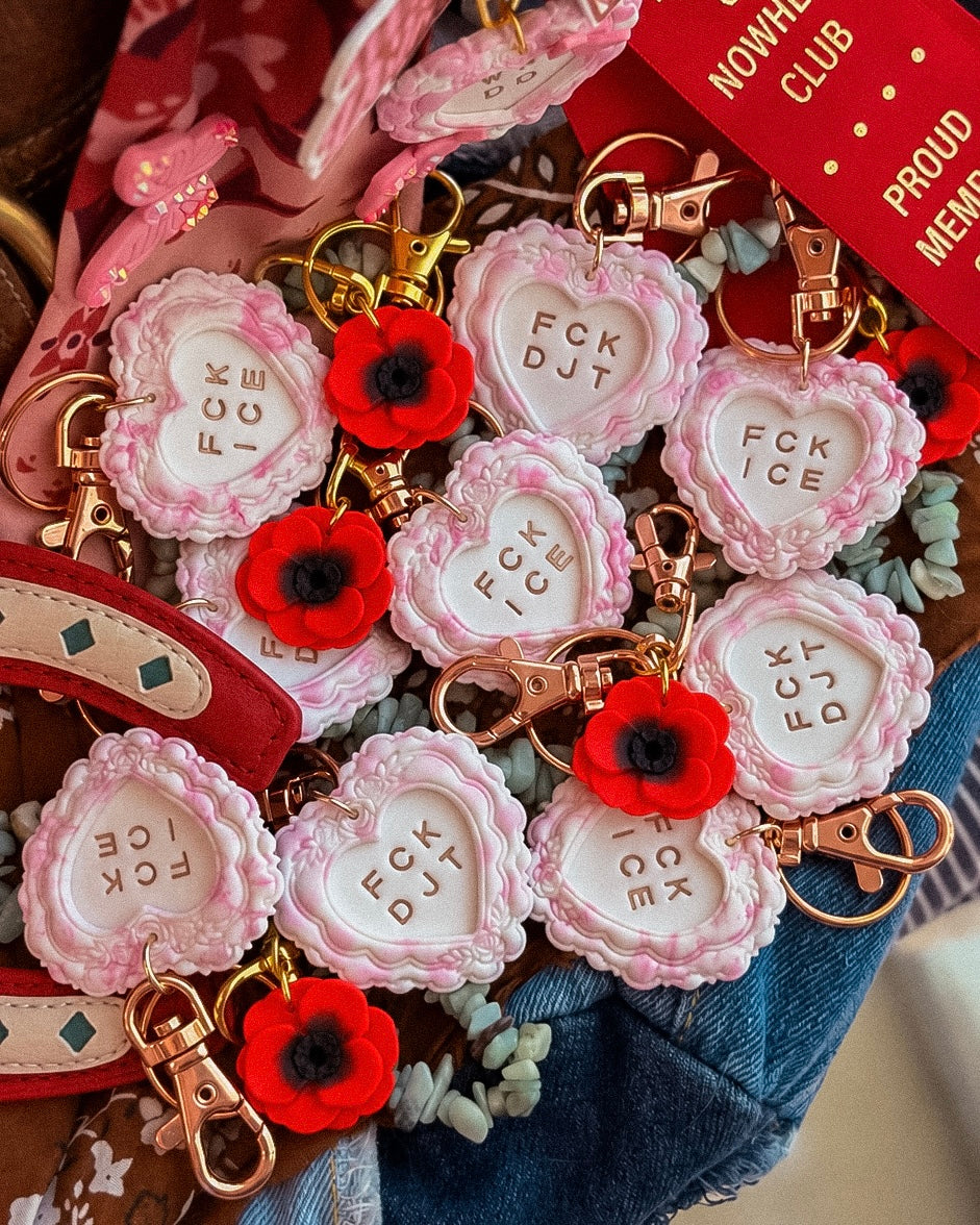 FCK ICE PINK Chinoiserie Heart Keychain in ROSE GOLD- Handmade Polymer Clay Bag Charm