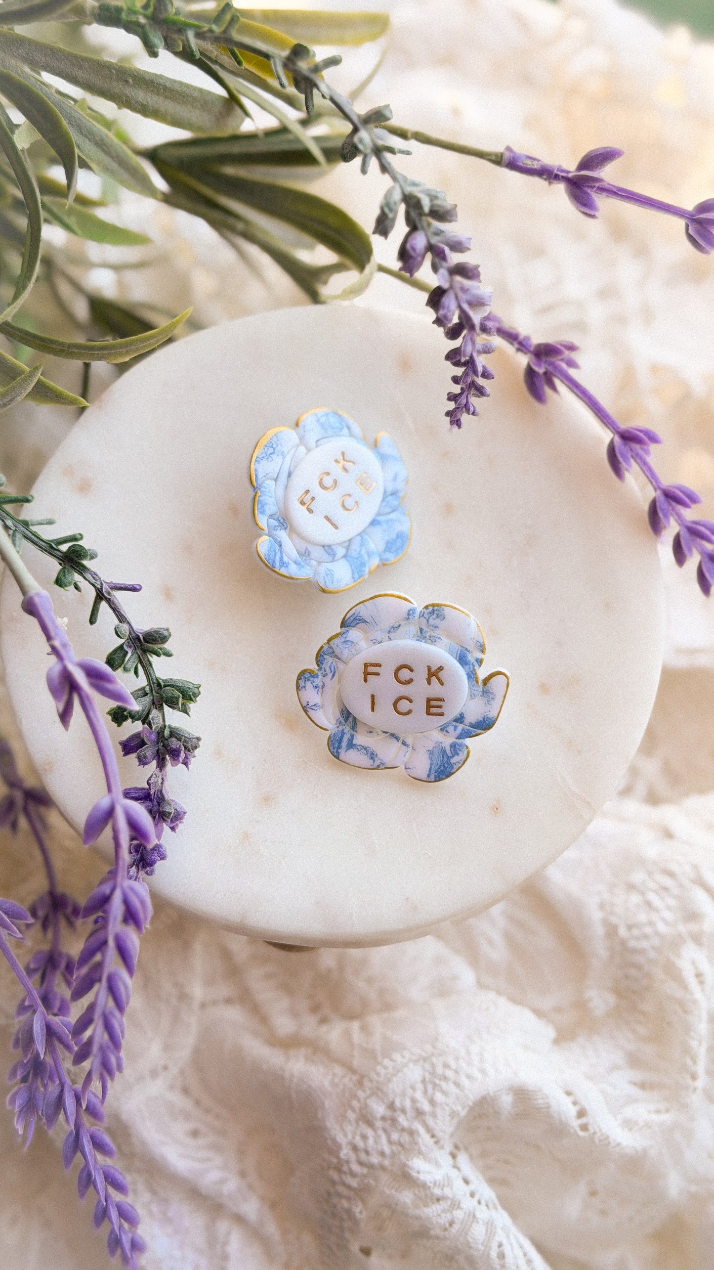 Chinoiserie FCK ICE Floral Brooch handmade polymer clay pin with layered floral detail on white background — stylish lapel or bag pin accessory.
