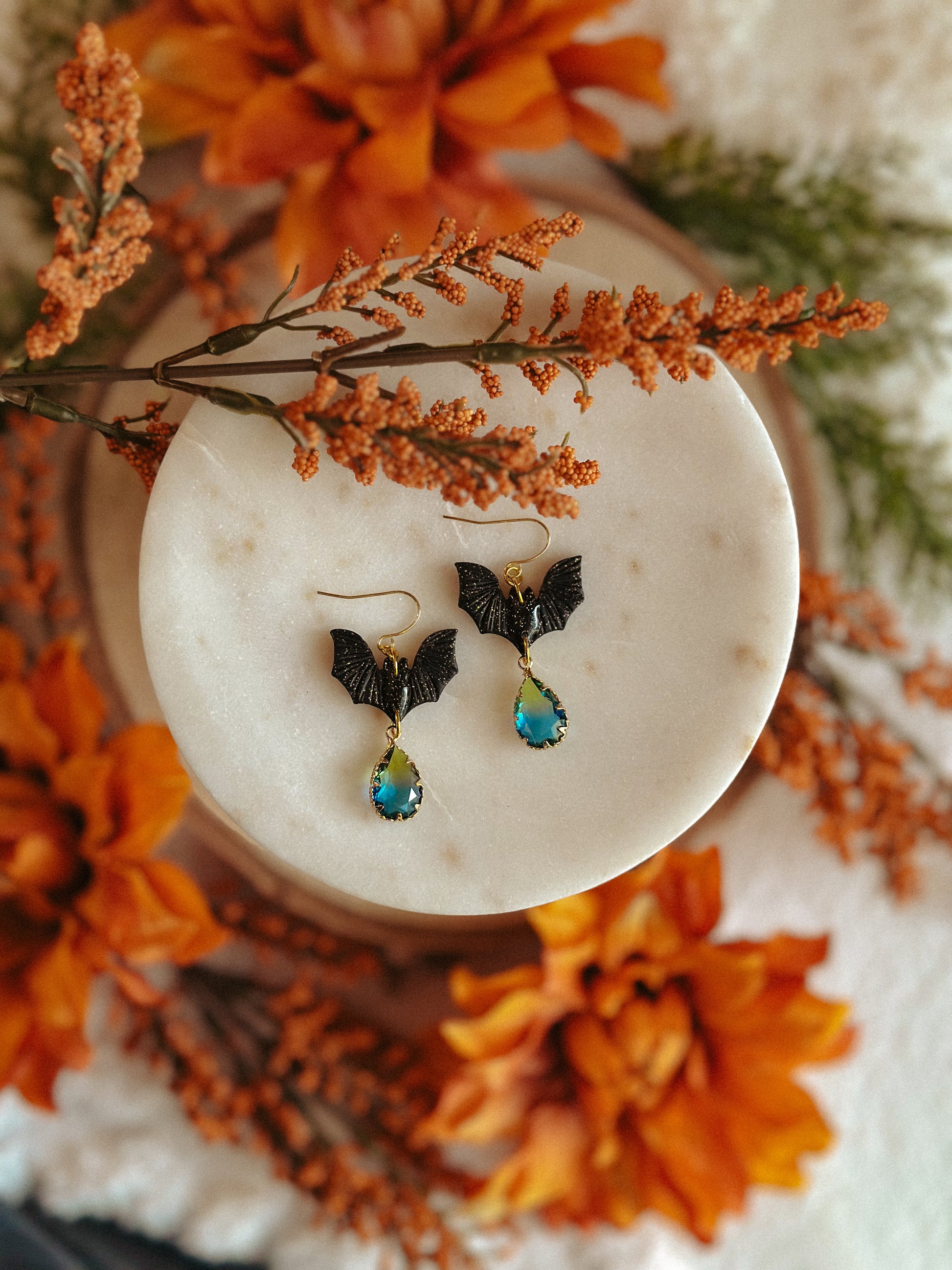 Freakin’ BATS Gemstone Drops polymer clay dangle earrings bat motif with gemstone accent