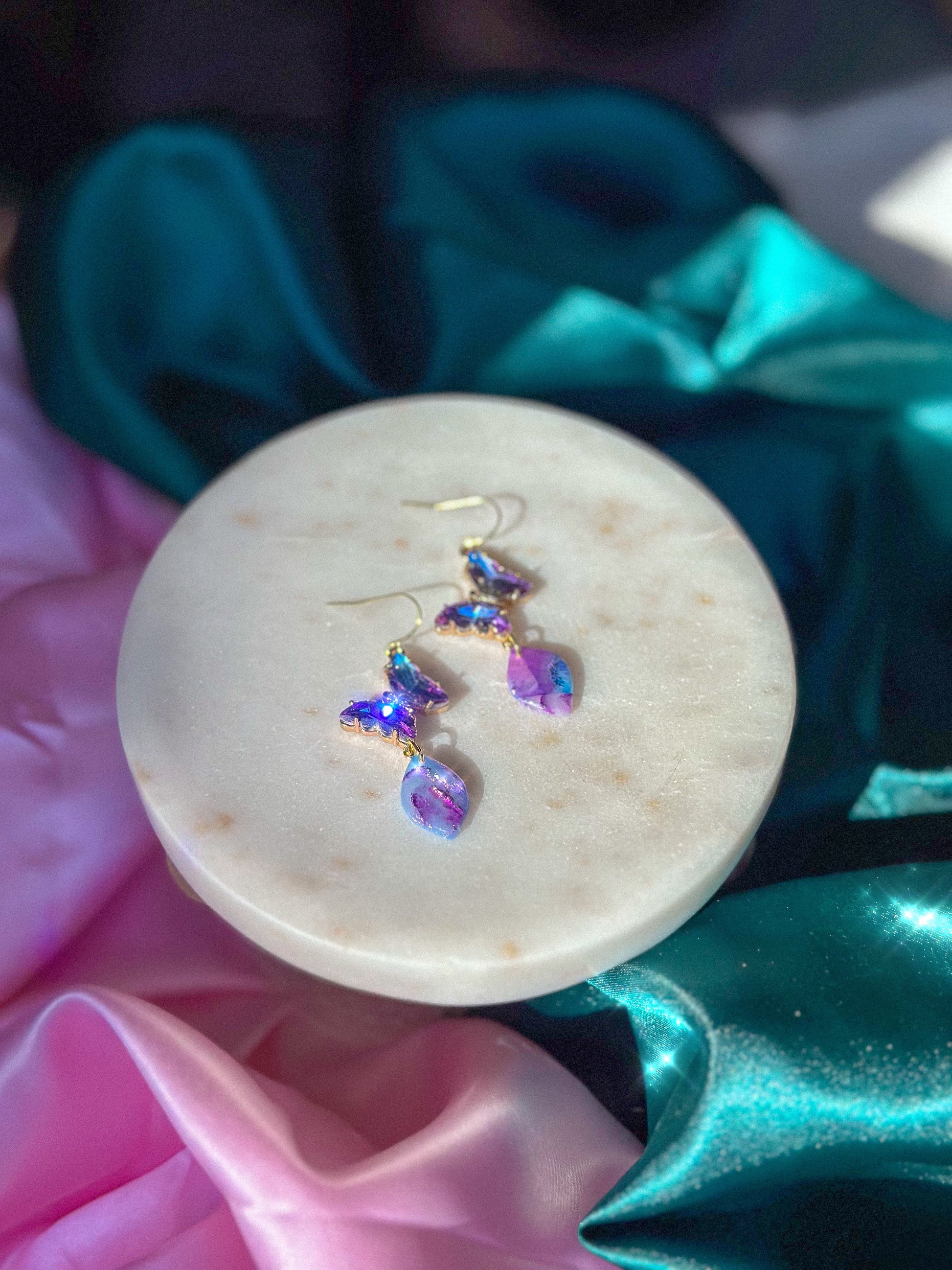 Glinda’s Gown Earrings Stained Glass butterfly earrings handmade polymer clay earrings Wicked inspired earrings pastel stained glass butterfly earrings