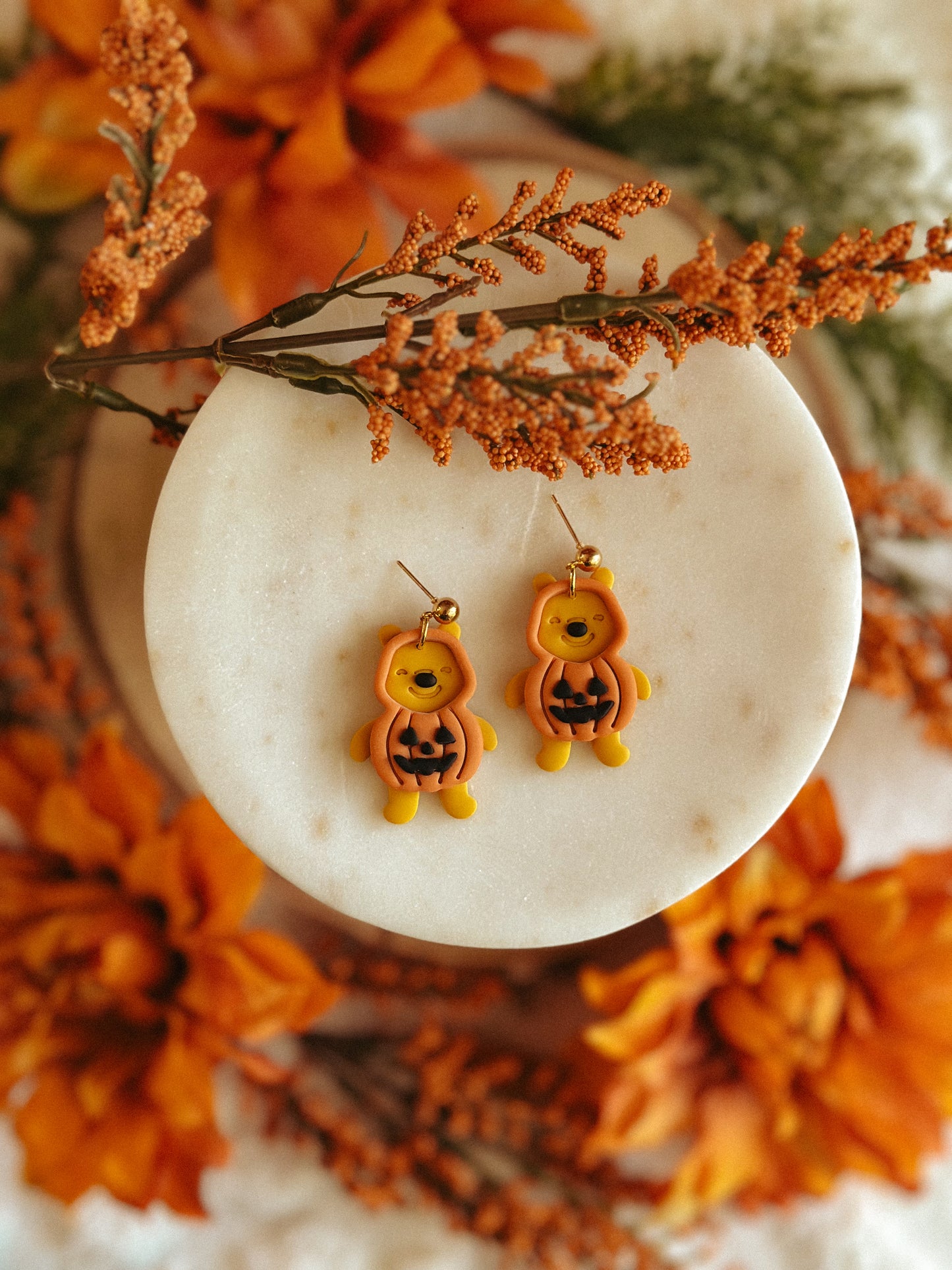 Pumpkin Pooh Bears polymer clay earrings in pumpkin design Halloween jewelry
