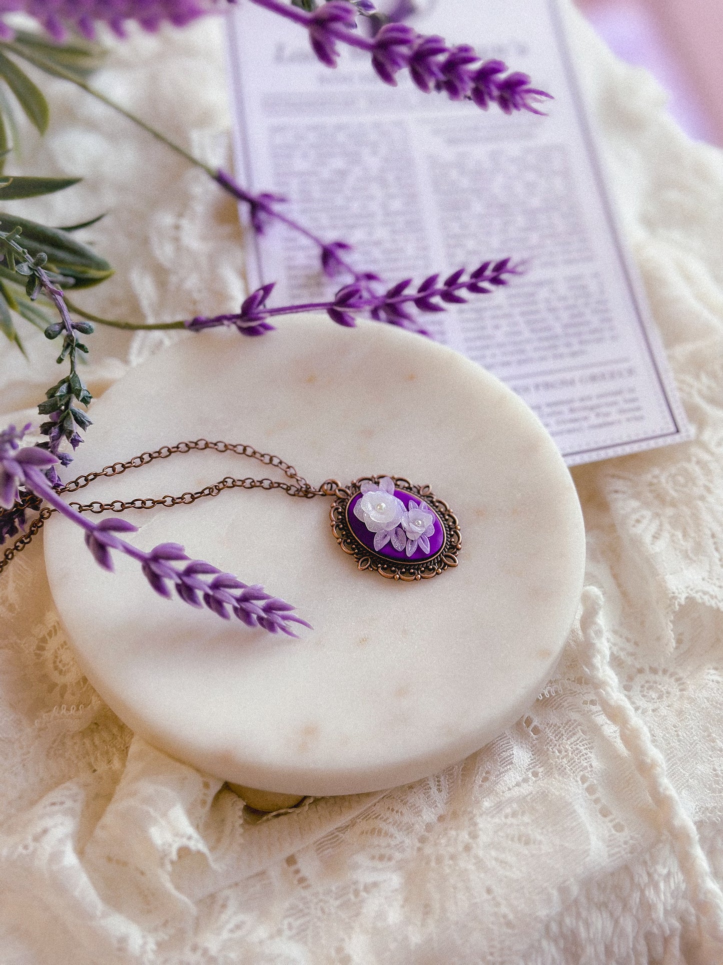 Violet Translucent Floral Cameo Necklace- Antique Bronze/ 10”