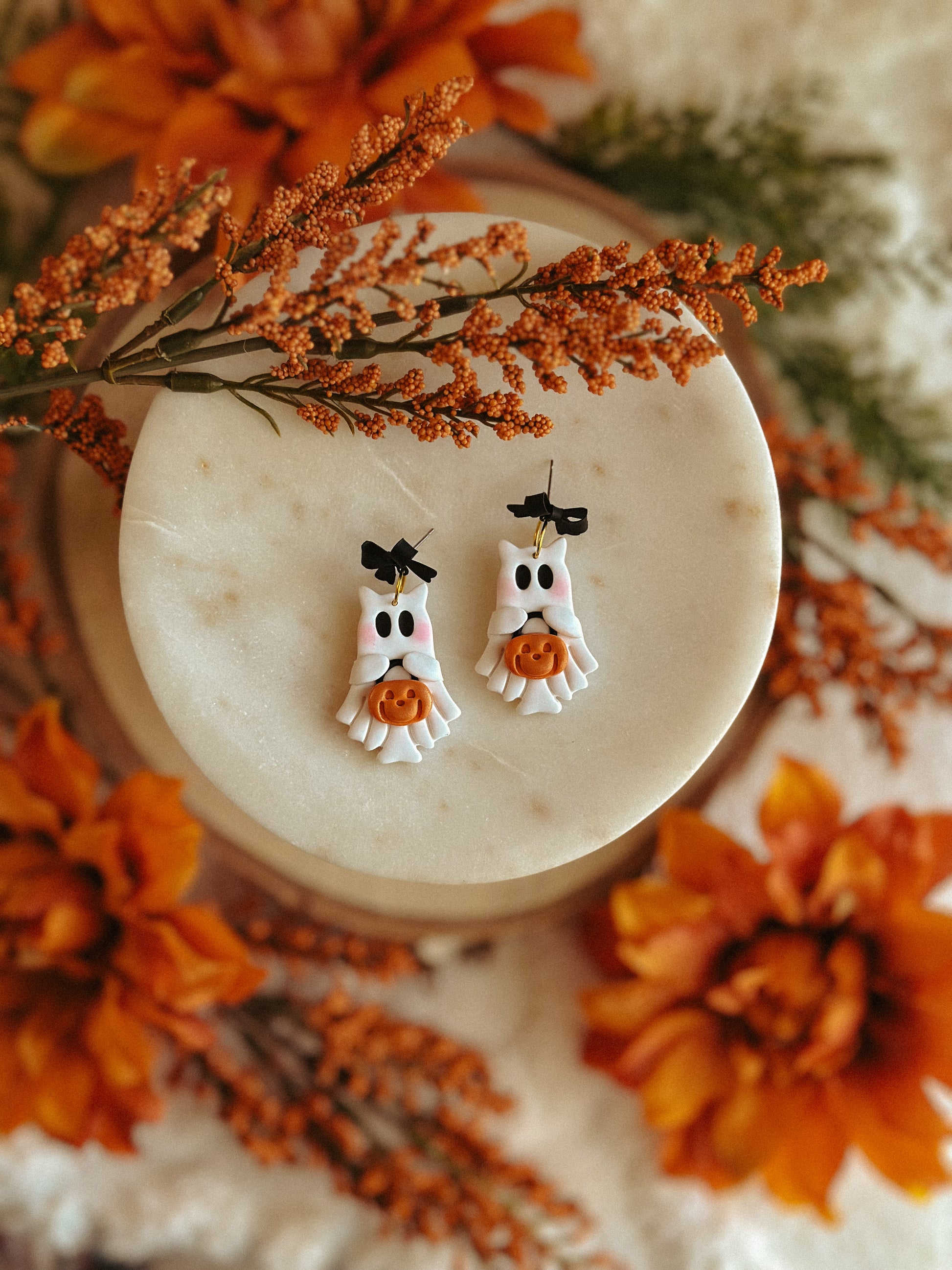 Kitty Trick or Treat Ghosts polymer clay earrings with ghost kitty faces for Halloween