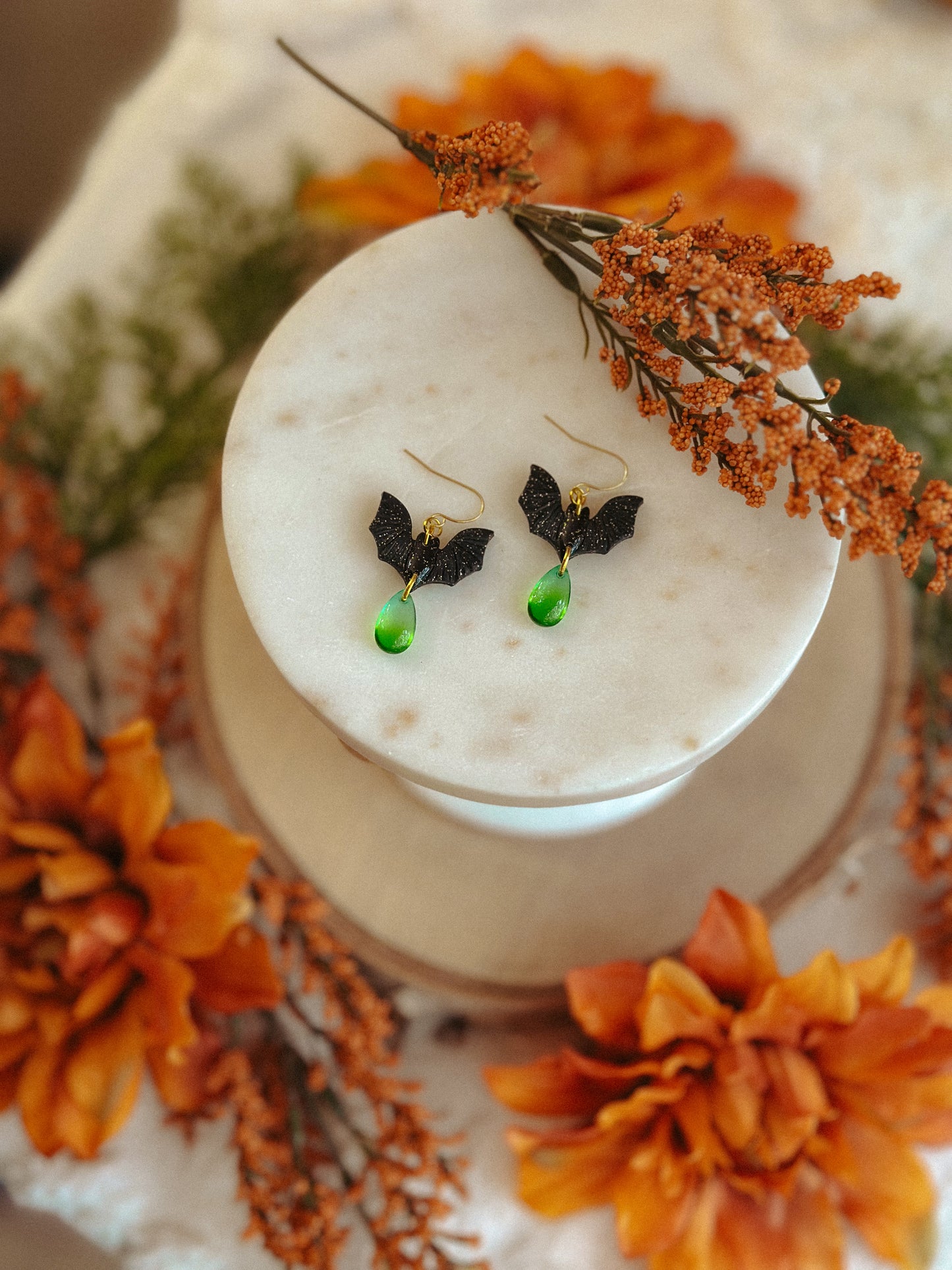 Freakin’ BATS Gemstone Drops – Spooky Polymer Clay & Gemstone Dangle Earrings