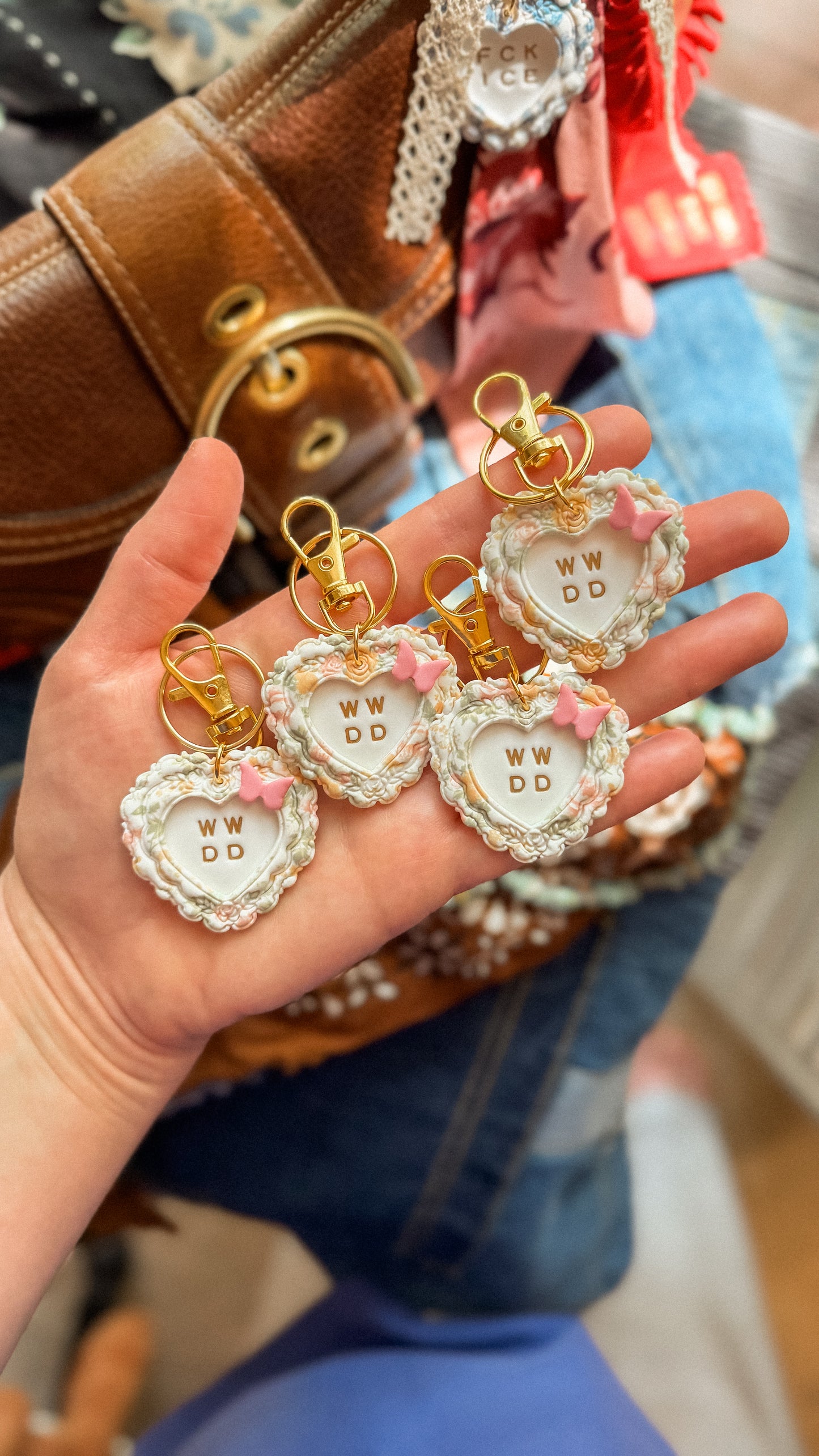 WWDD “What Would Dolly Do?” Vintage Floral Heart Bag Charm / Keychain with Butterflies- Prototype