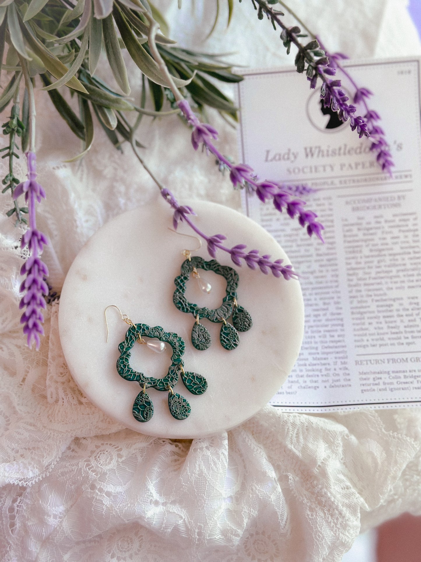 Emerald Lace Damask Cutout Pearl Drops
