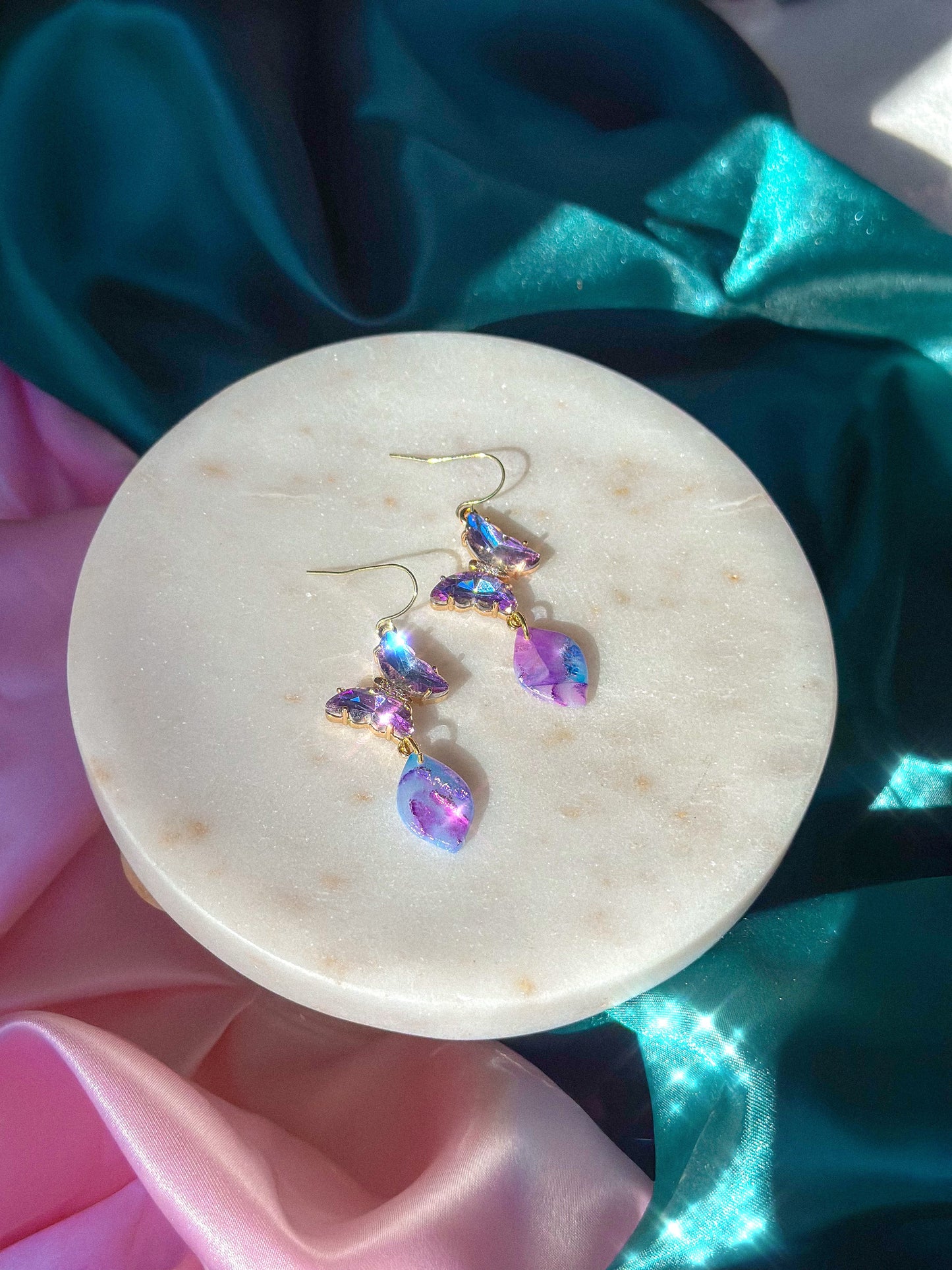 Glinda’s Gown Earrings Stained Glass butterfly earrings handmade polymer clay earrings Wicked inspired earrings pastel stained glass butterfly earrings