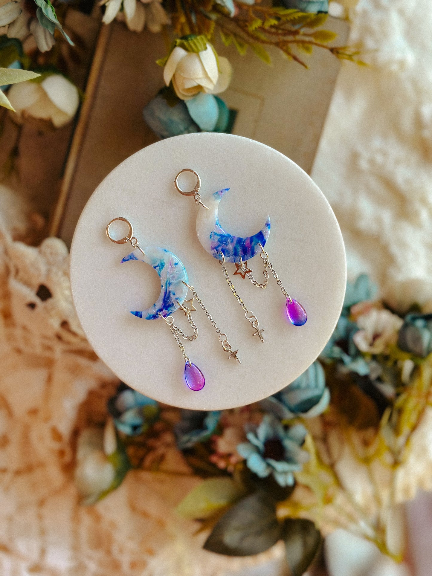 Summer Sunset Stained Glass Crescent Moon Dangles