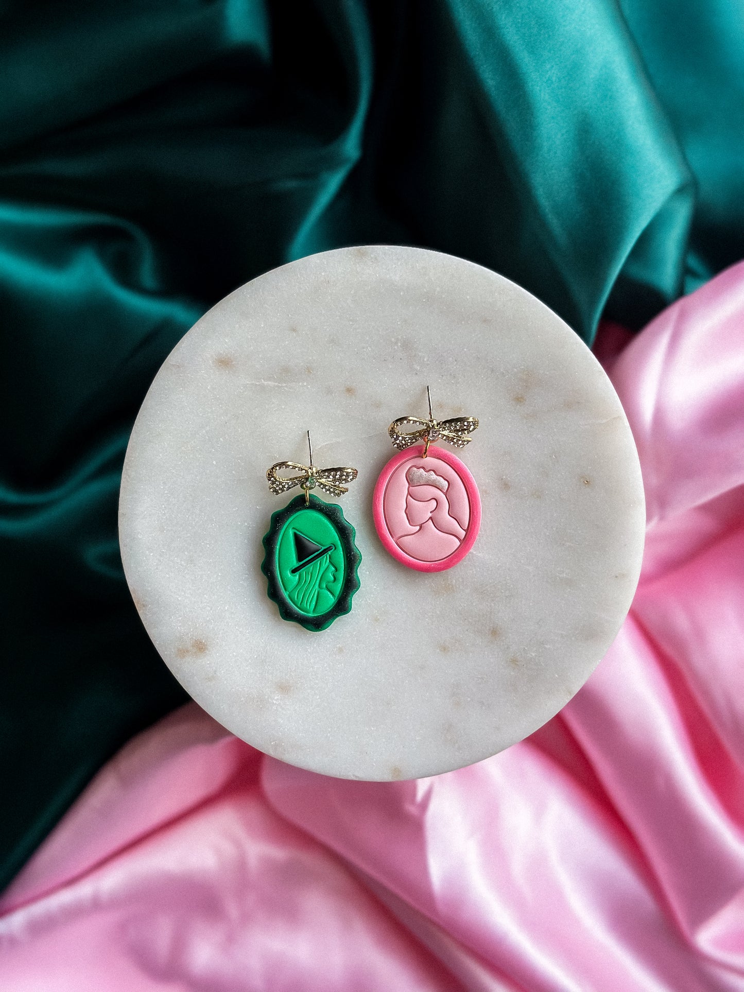 Glinda + Elphaba portrait earrings pink and green handmade polymer clay dangle earrings Wicked inspired earrings