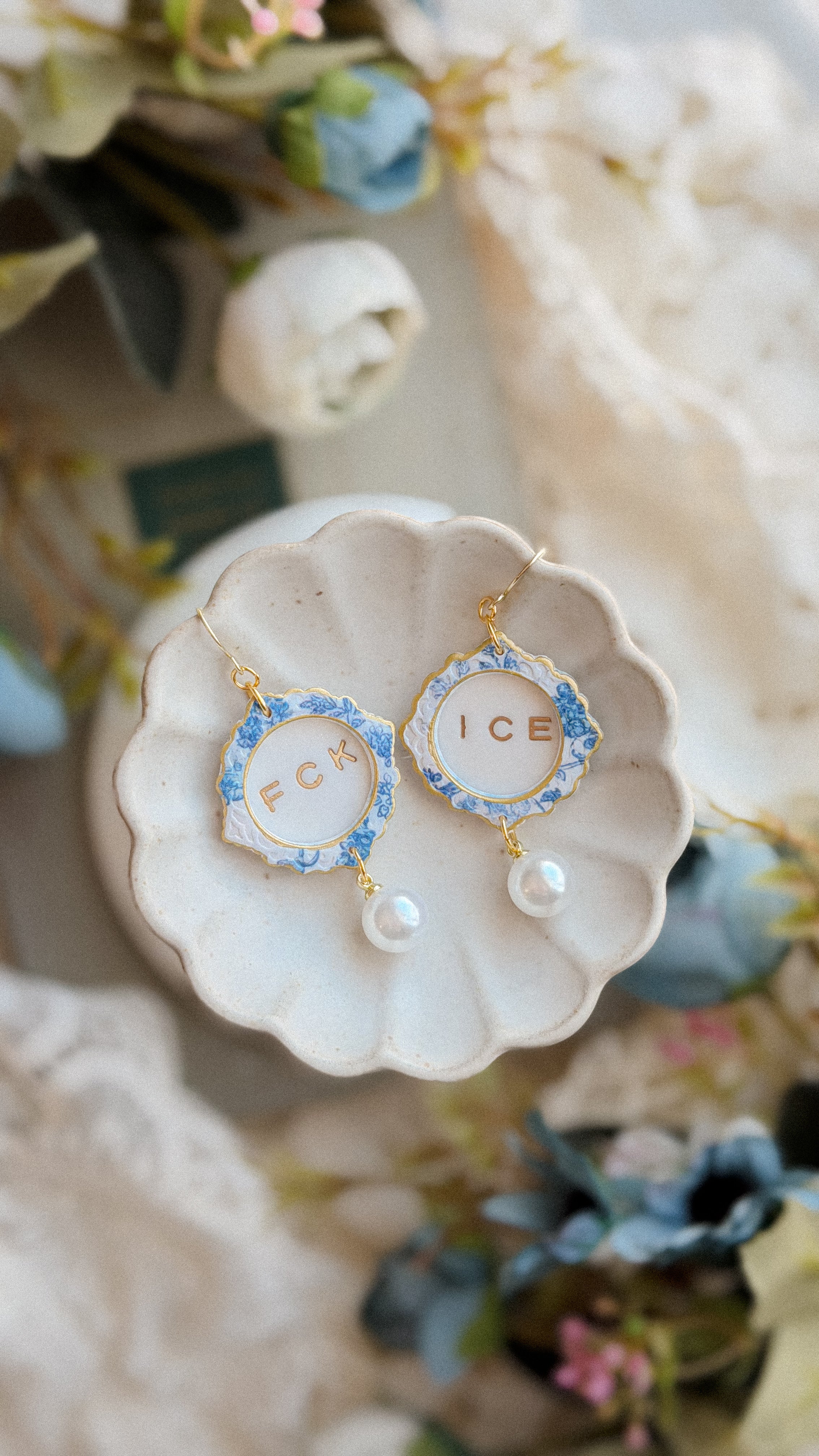 FCK ICE Chinoiserie Frame Pearl Earrings- Handmade Polymer Clay