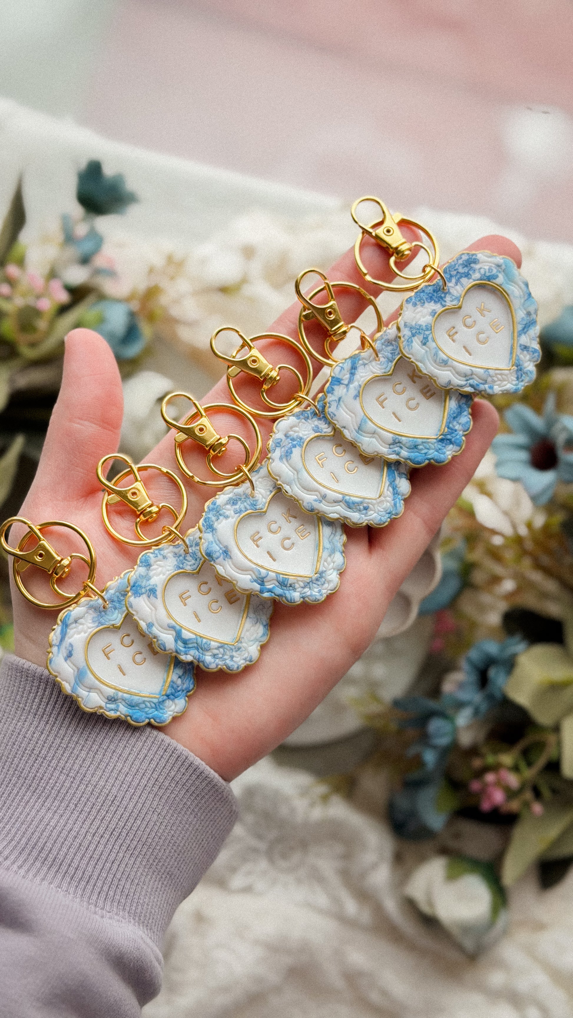 Handcrafted Chinoiserie FCK ICE Heart Keychain in polymer clay with bold heart design and metal keyring on white background — unique handmade accessory