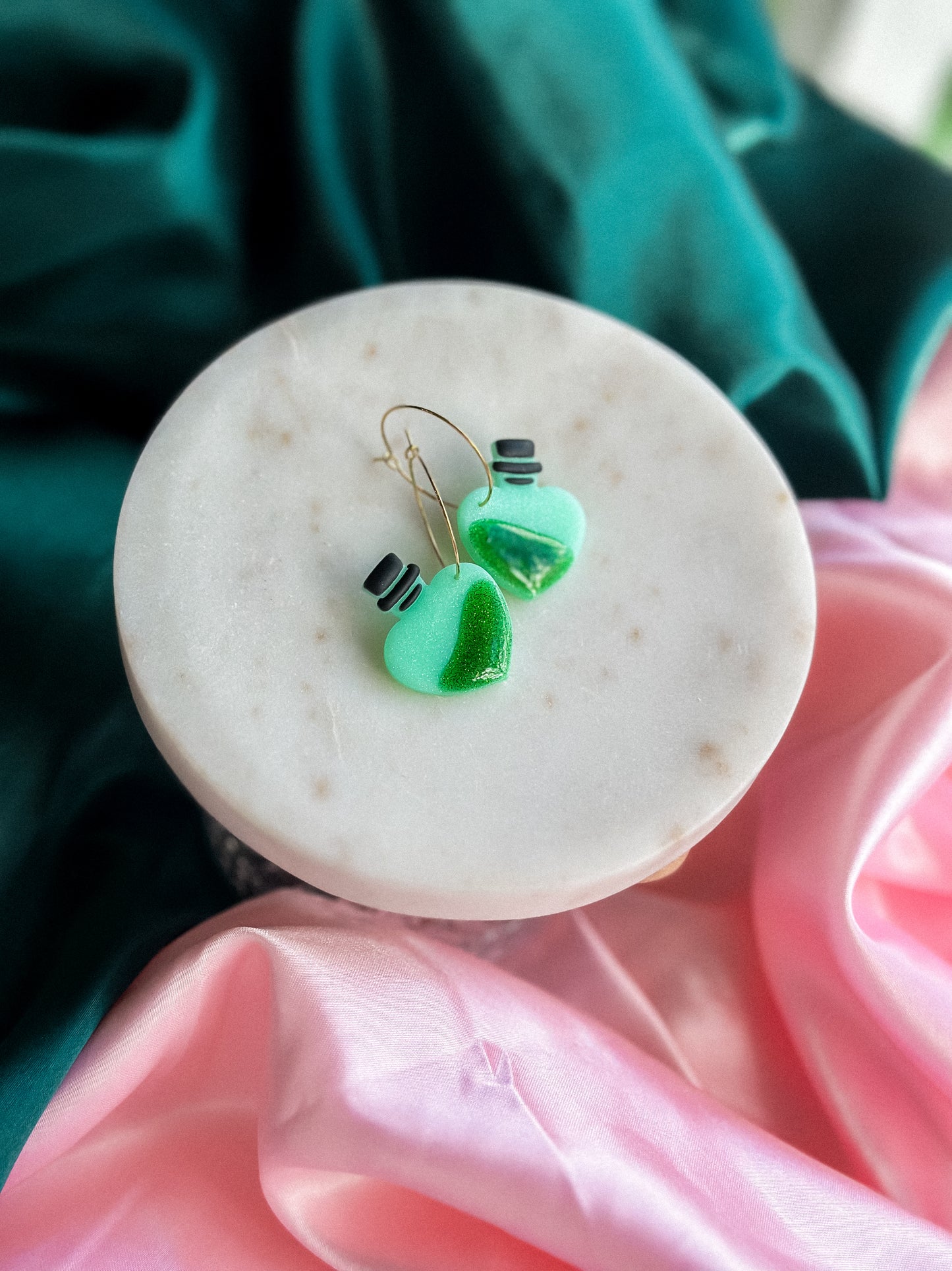 The Green Elixir Wicked Hoops earrings witch potion green handmade polymer clay hoop earrings Wicked Earrings Elphaba Earrings