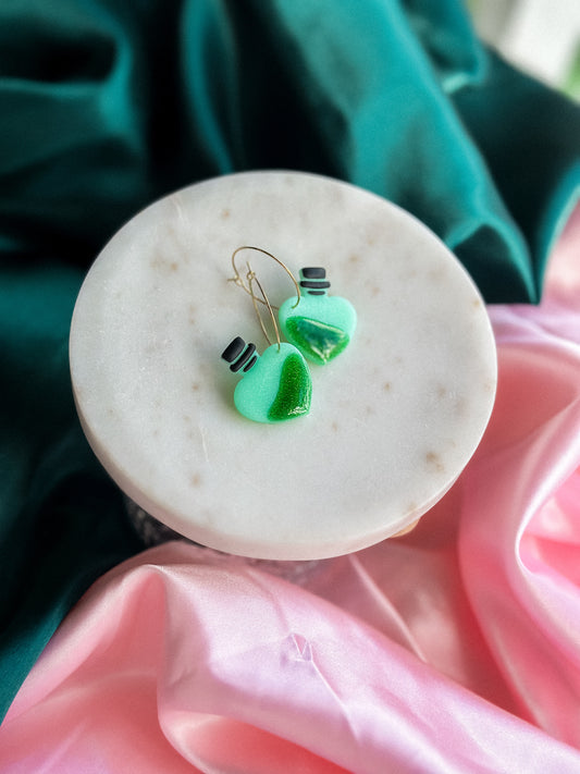 The Green Elixir Wicked Hoops earrings witch potion green handmade polymer clay hoop earrings Wicked Earrings Elphaba Earrings
