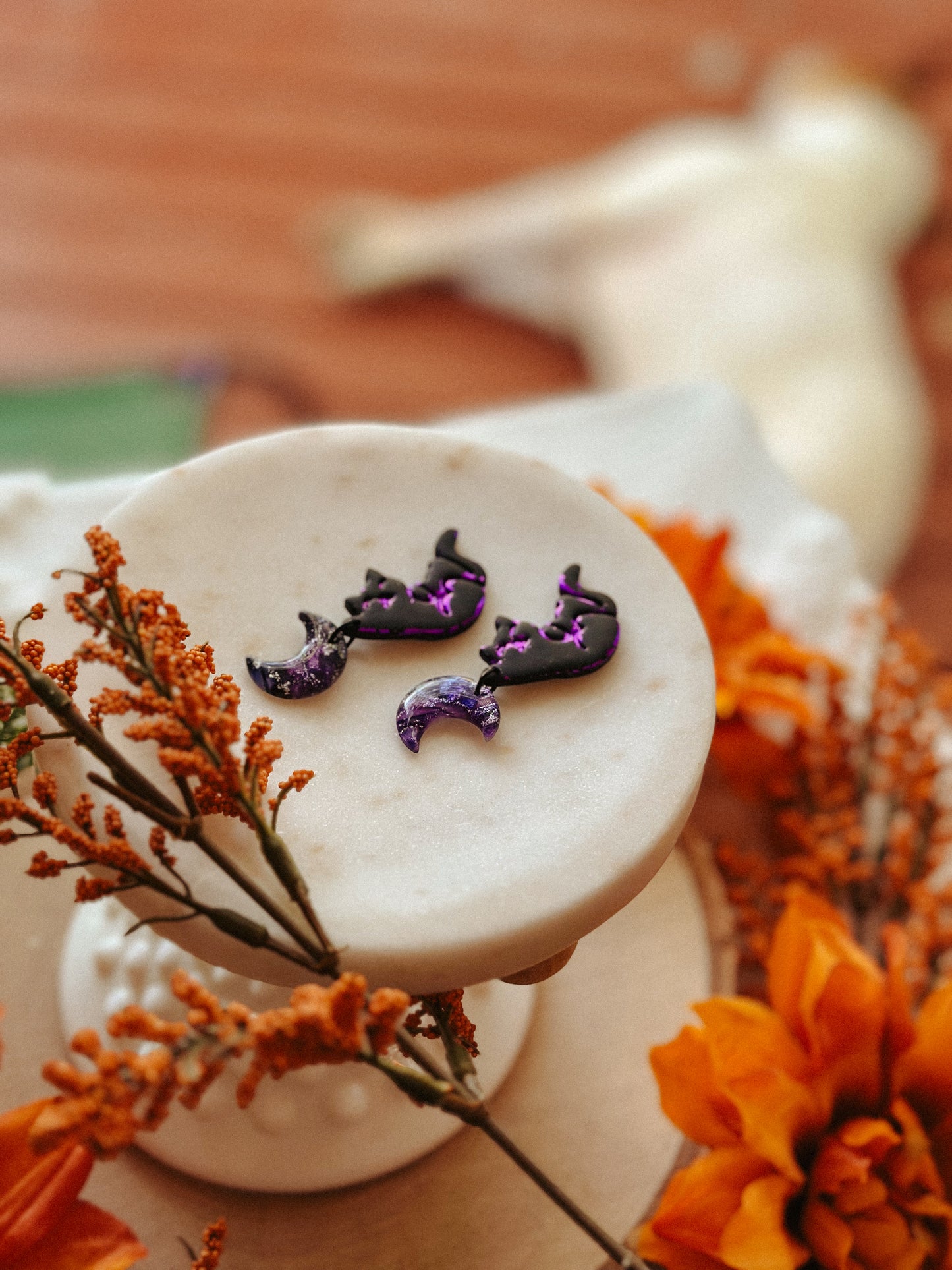 Salem Cat Hanging from the Moon polymer clay earrings black cat and crescent moon design