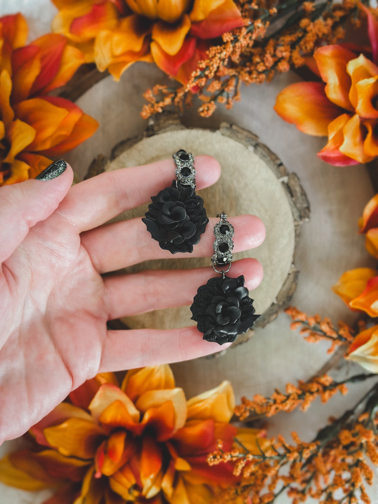 Gothic Monochrome Floral on Black Crystal Hoops