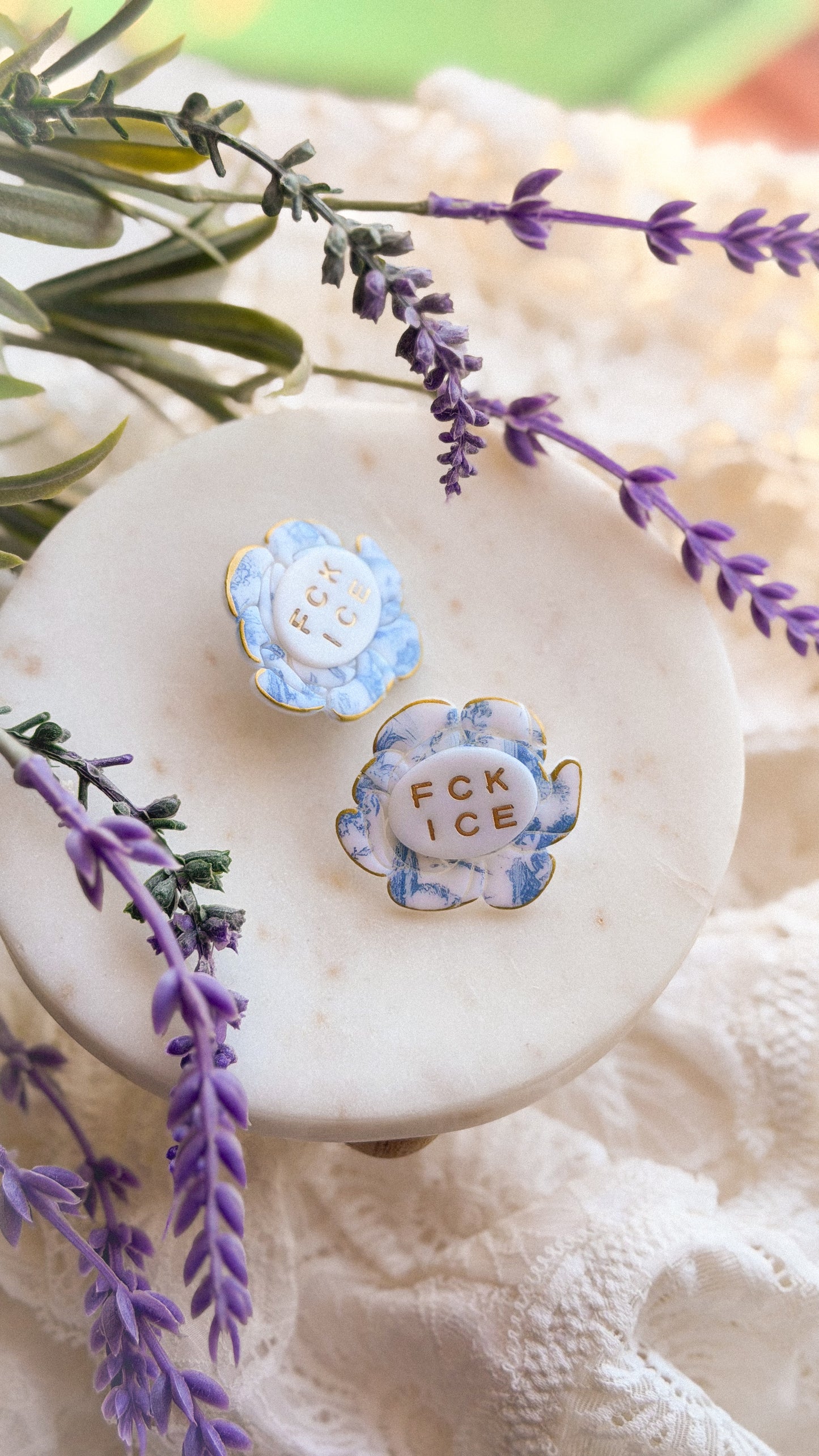 Chinoiserie FCK ICE Floral Brooch handmade polymer clay pin with layered floral detail on white background — stylish lapel or bag pin accessory.