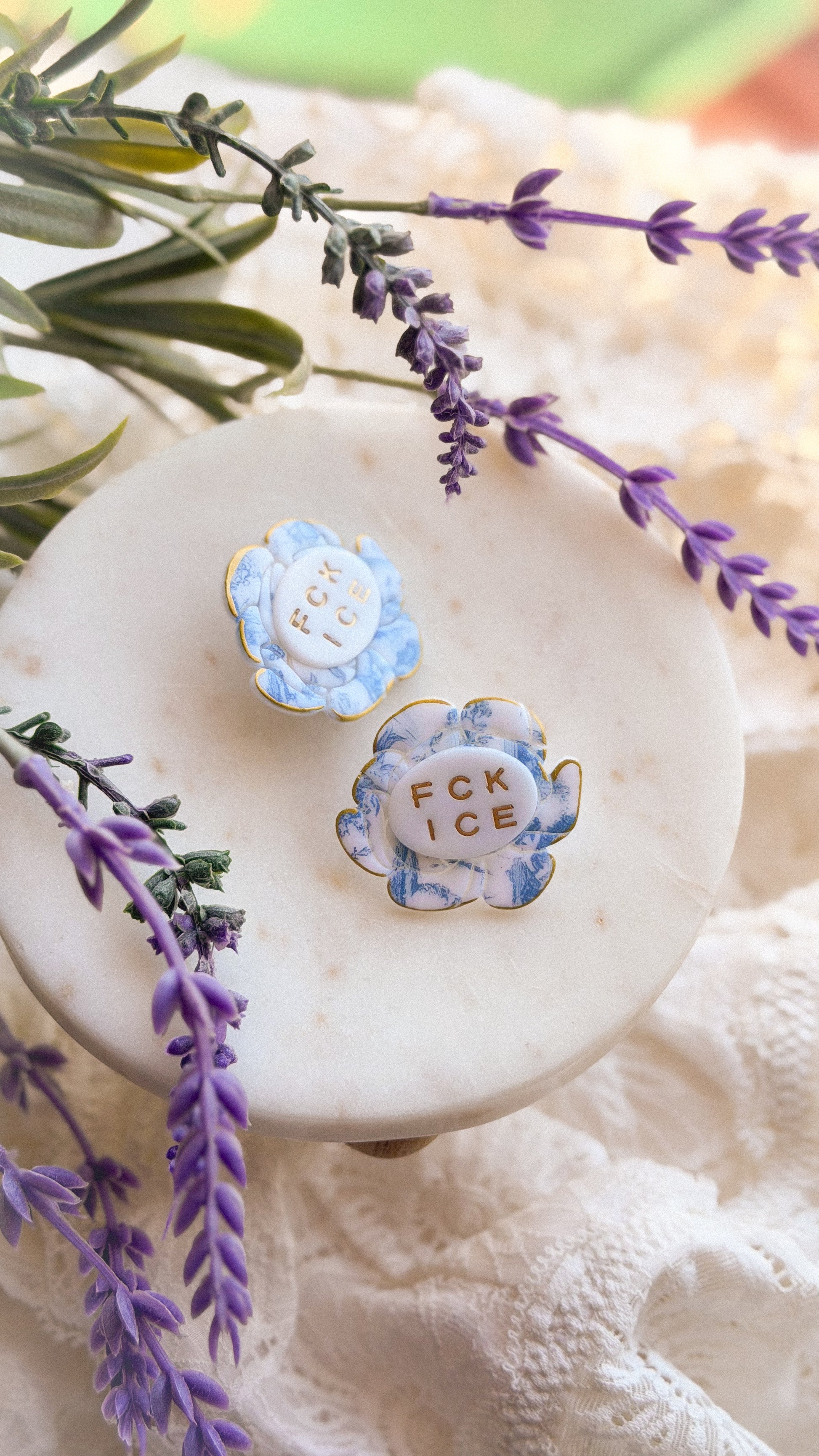 Chinoiserie FCK ICE Floral Brooch handmade polymer clay pin with layered floral detail on white background — stylish lapel or bag pin accessory.