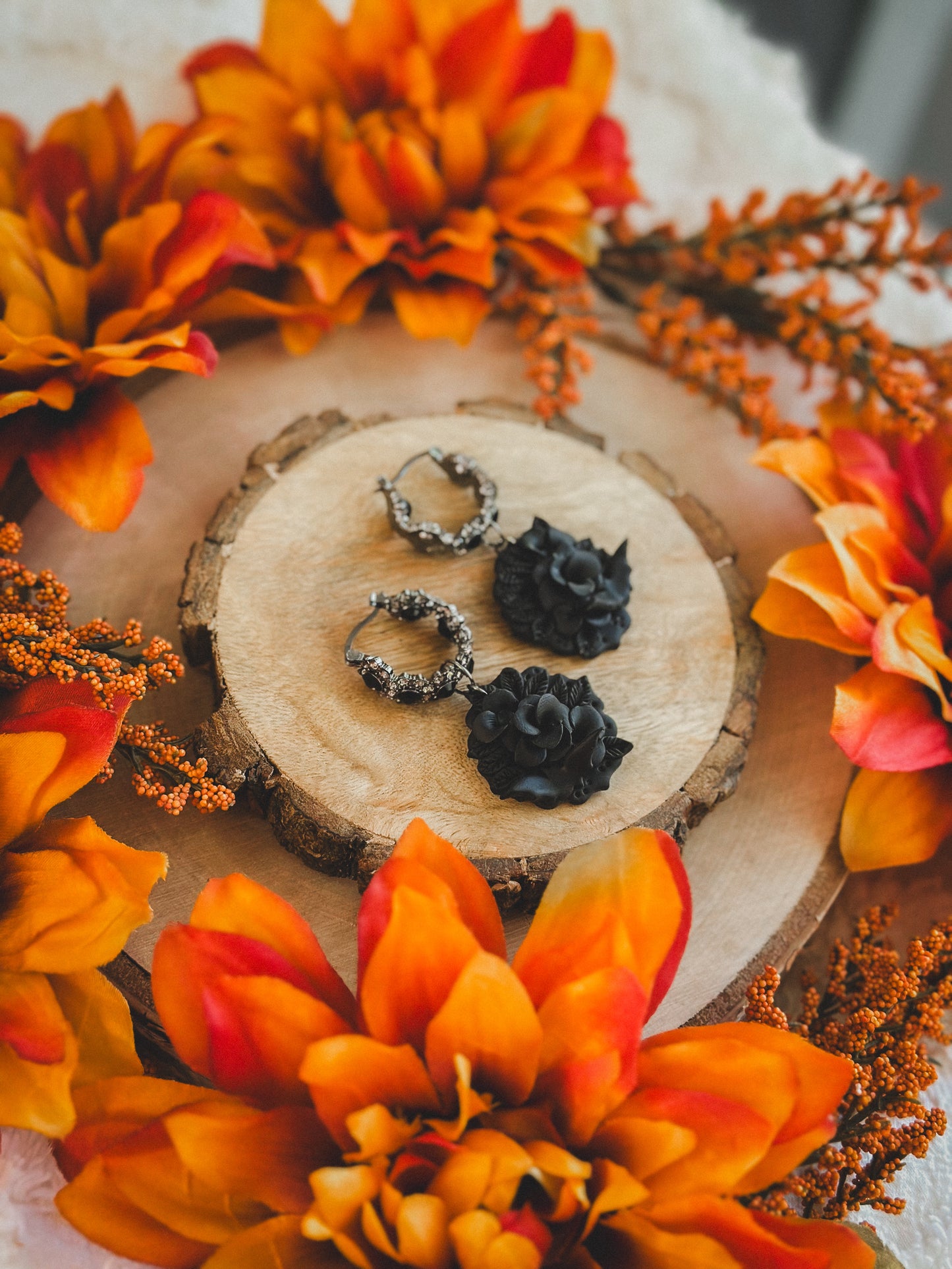 Gothic Monochrome Floral on Black Crystal Hoops