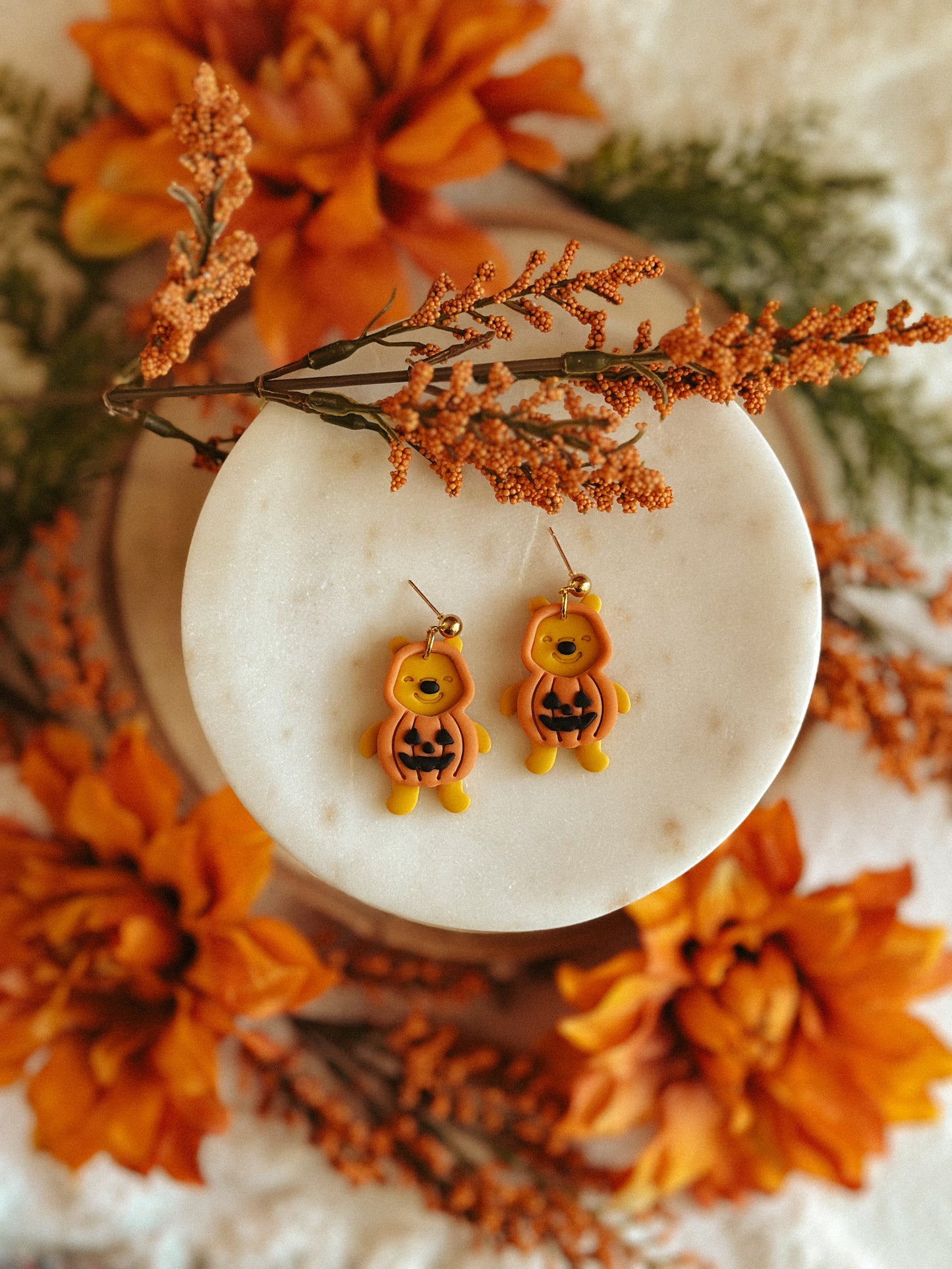 Pumpkin Pooh Bears polymer clay earrings in pumpkin design Halloween jewelry