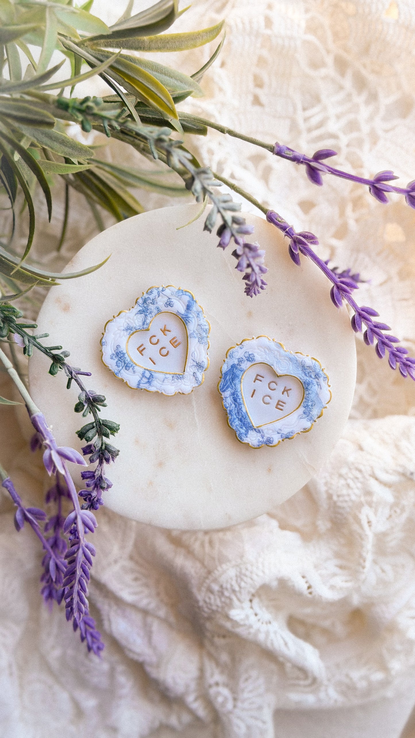 Handmade Chinoiserie FCK ICE Heart Magnet in polymer clay with bold heart artwork and magnetic backing on white background — unique decorative magnet.