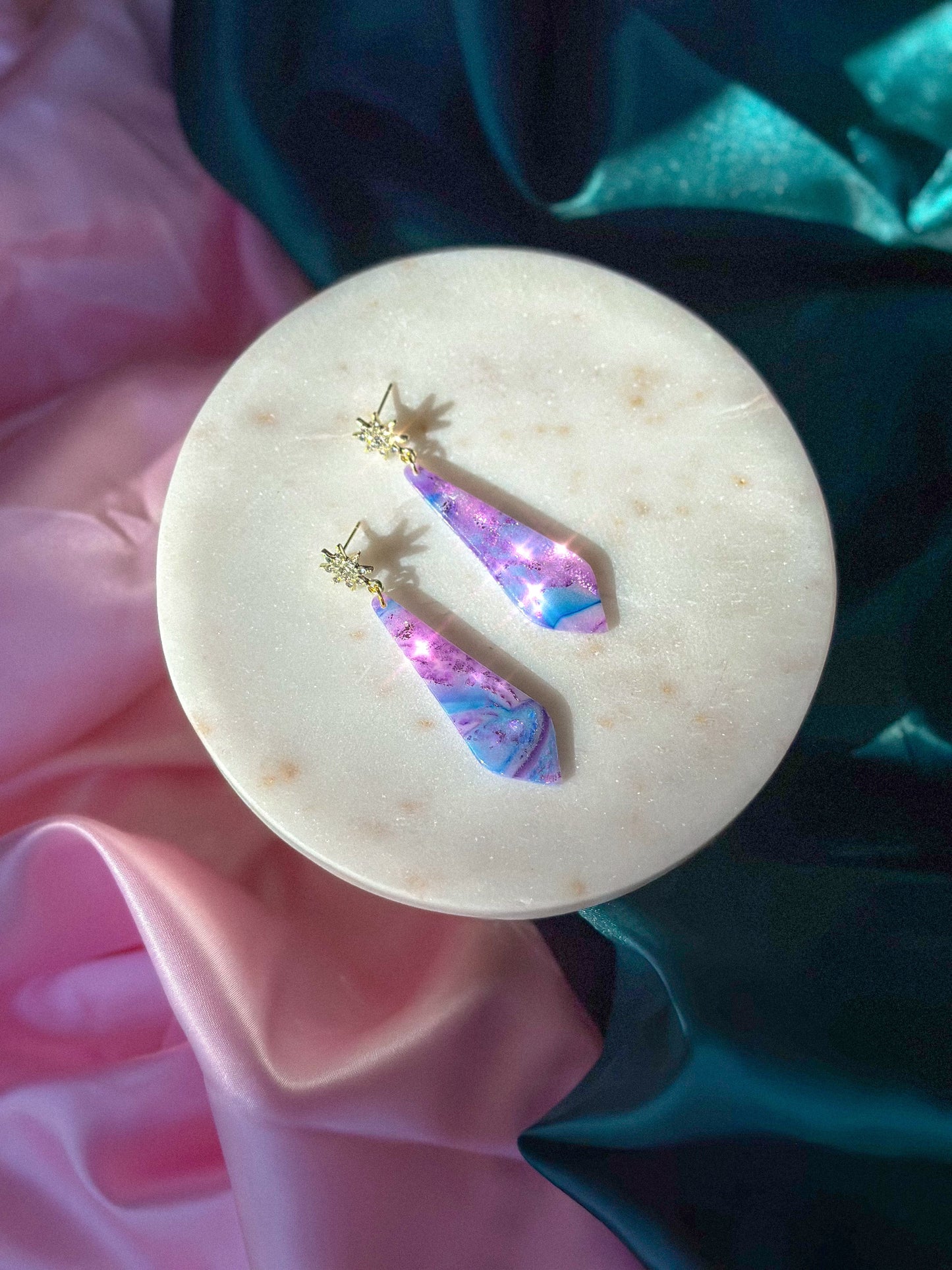 Glinda’s Gown Earrings Stained Glass Starburst handmade polymer clay earrings Wicked inspired earrings