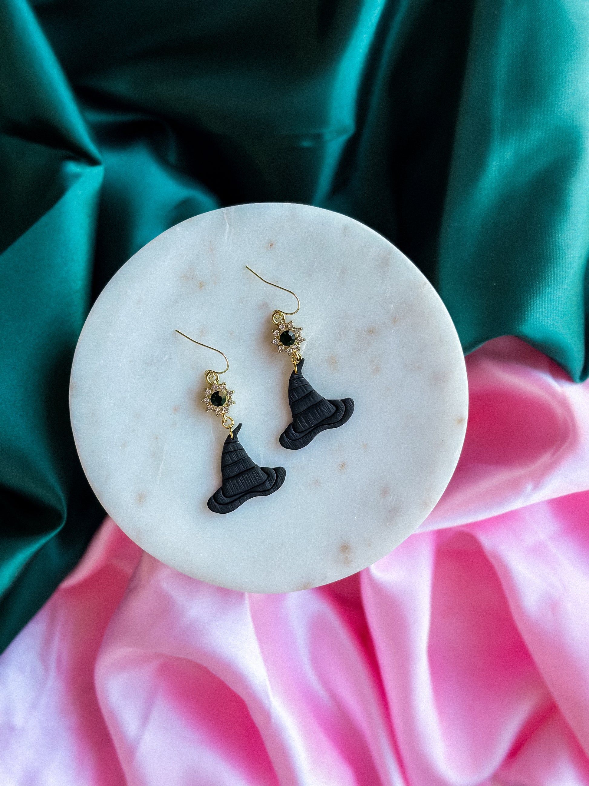 Elphaba hat crystal dangle earrings handmade polymer clay earrings Wicked earrings