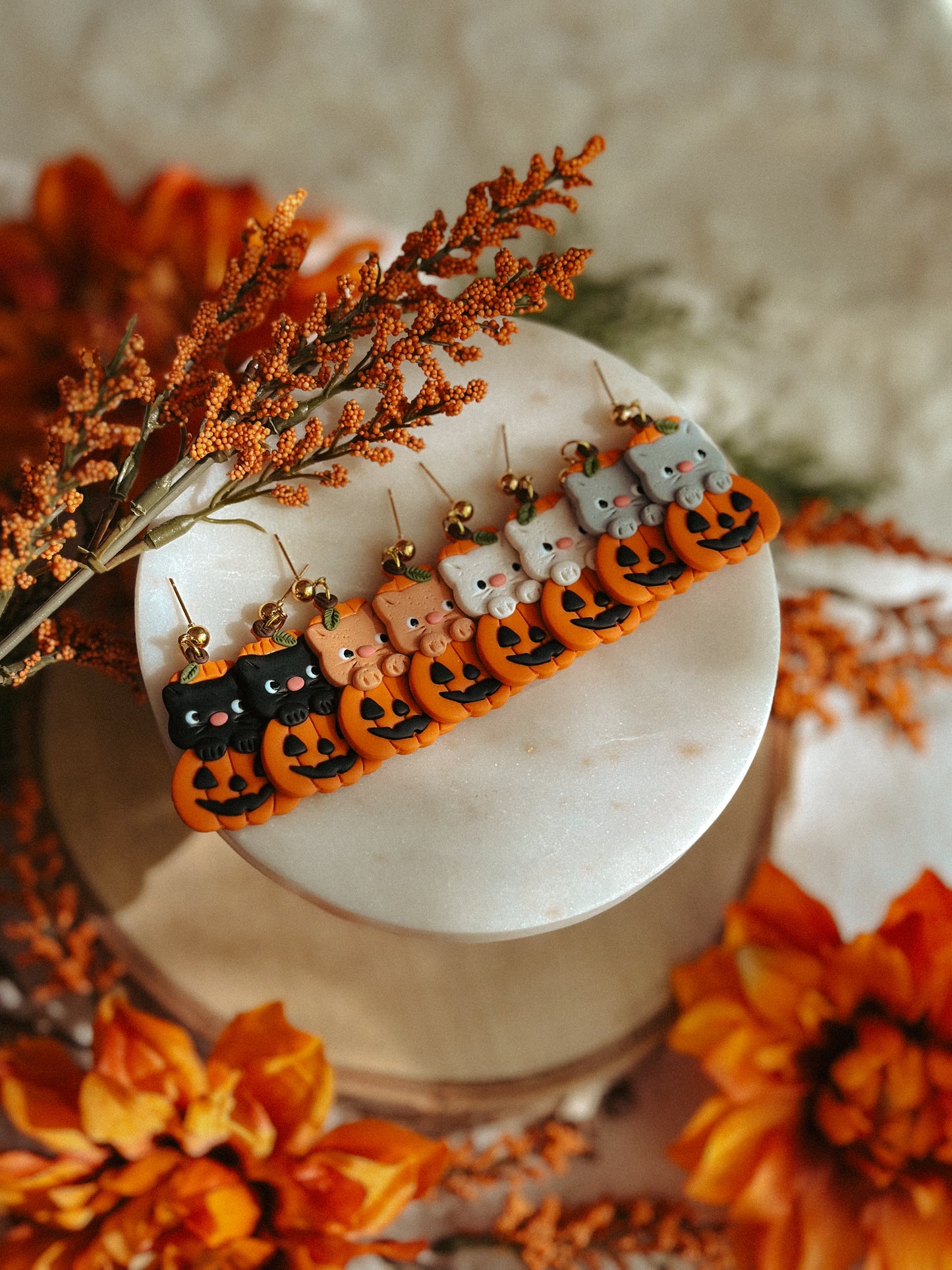 Black kitty pumpkin polymer clay drop earrings for Halloween