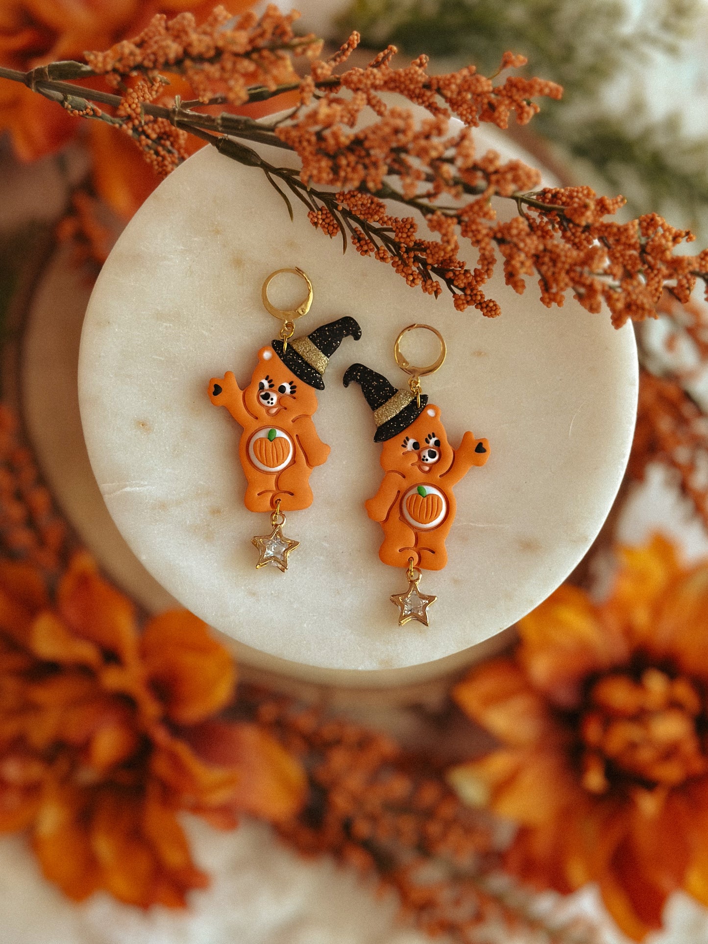 Pumpkin Carebear Drops polymer clay Halloween dangle earrings