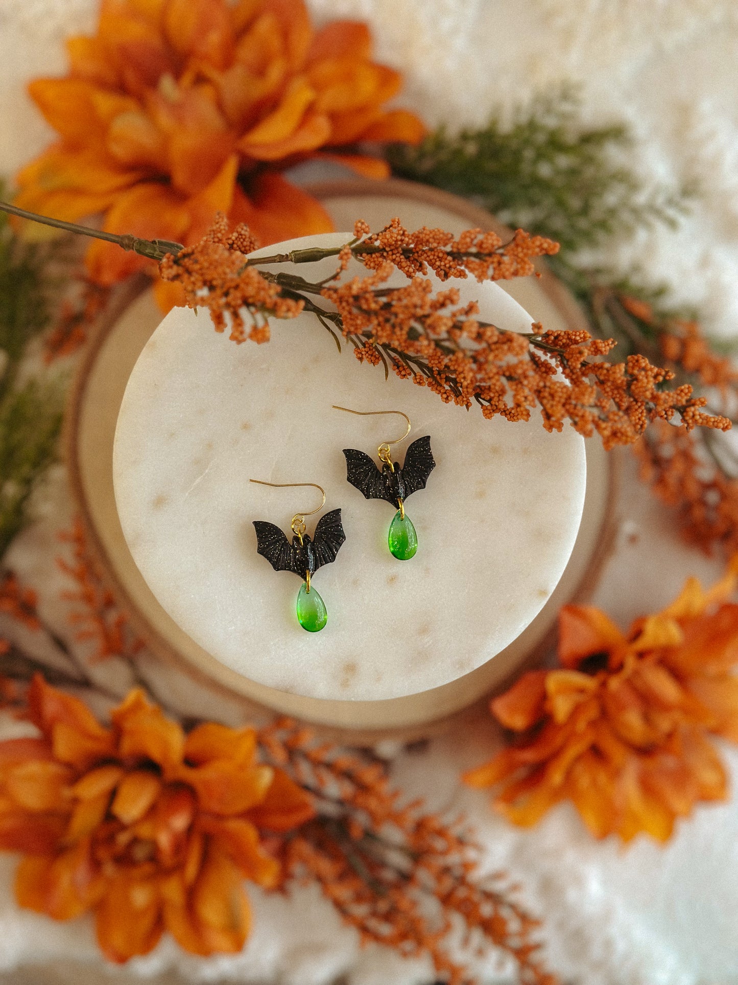 Freakin’ BATS Gemstone Drops – Spooky Polymer Clay & Gemstone Dangle Earrings